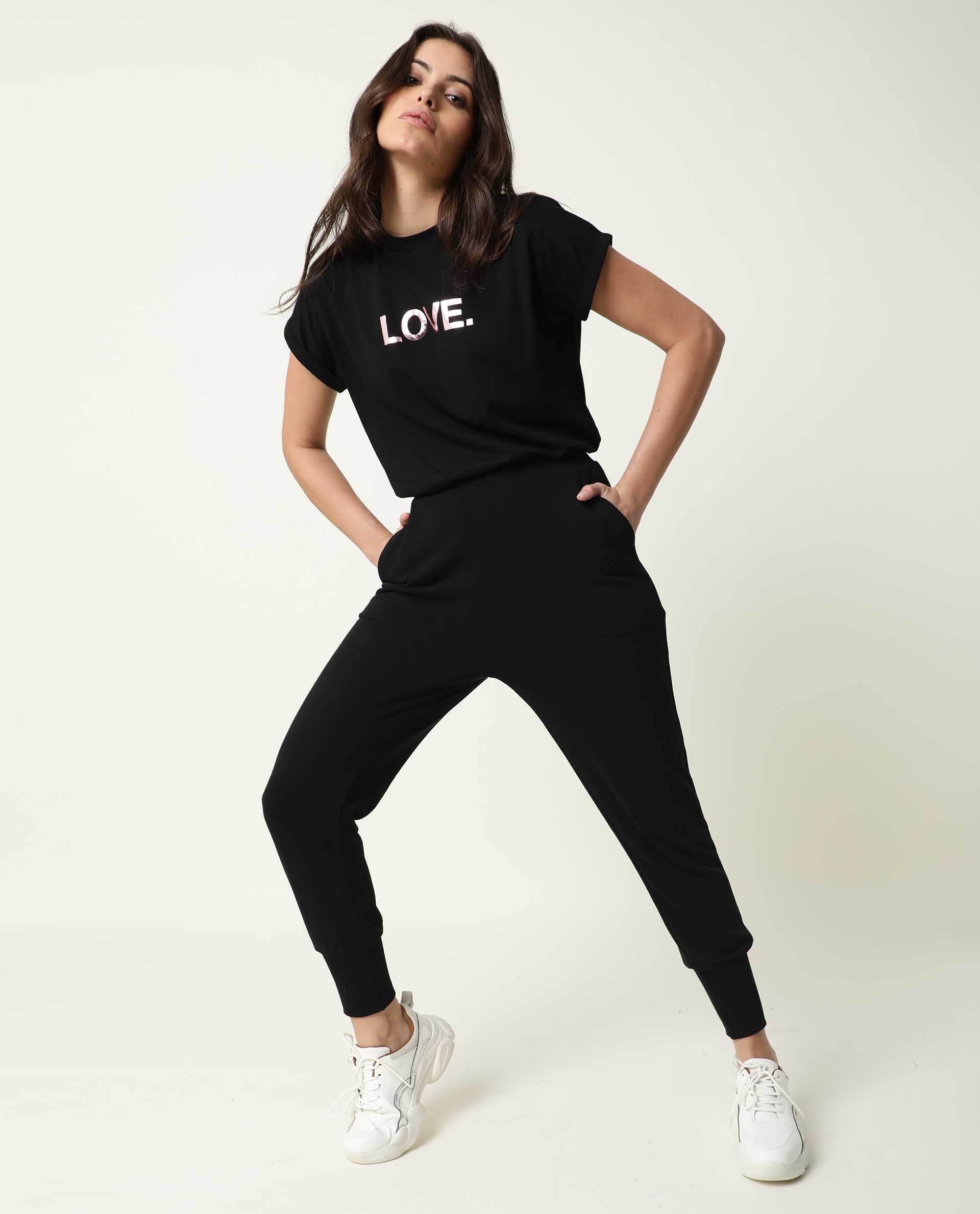 Rareism Women Simp-1 Black Poly Cotton Fabric Regular Fit Solid Mid Rise Ankle Length Track Pant