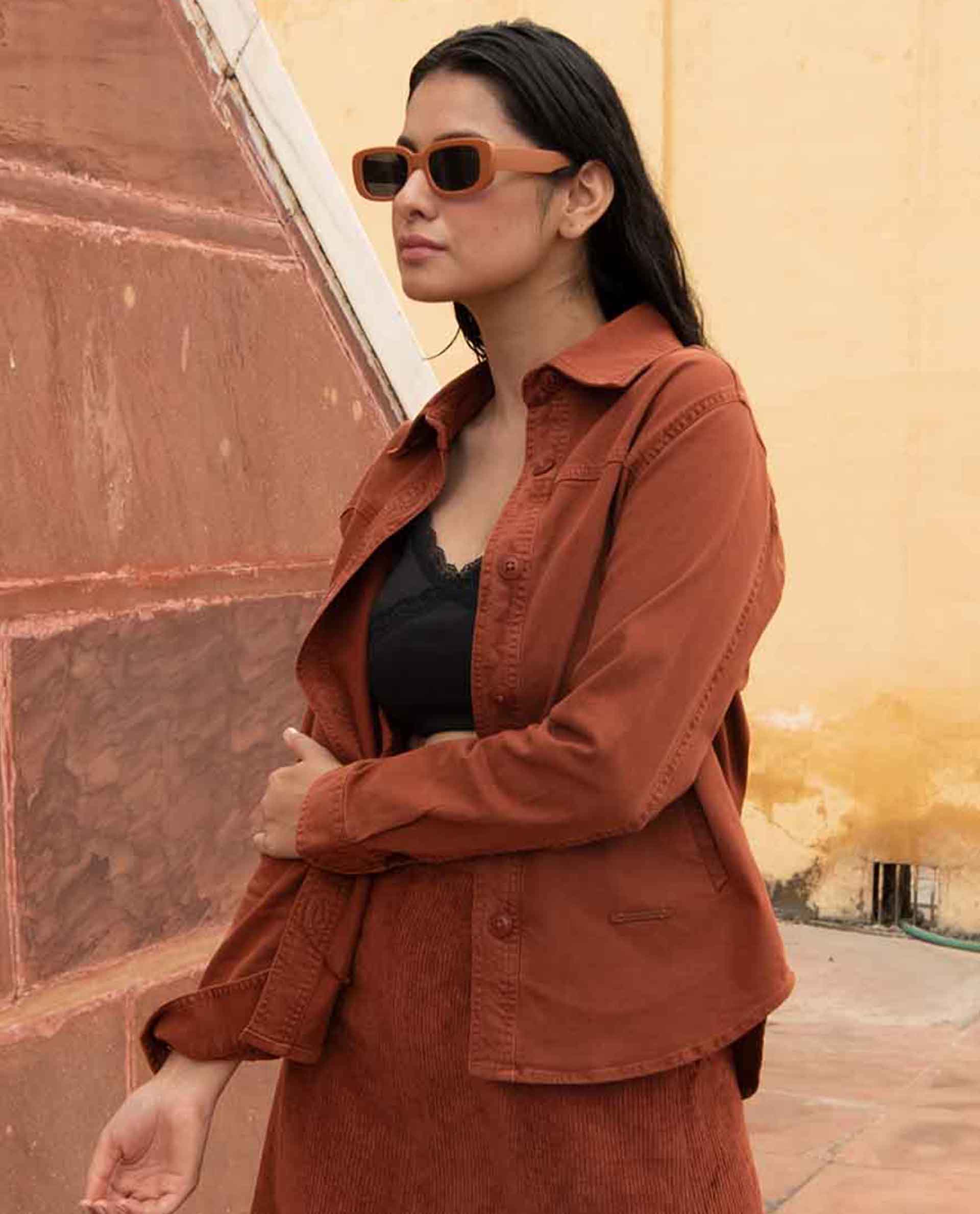 Rareism Women Mission Rust Cotton Lycra Fabric Full Sleeves Solid Shirt Collar Jacket