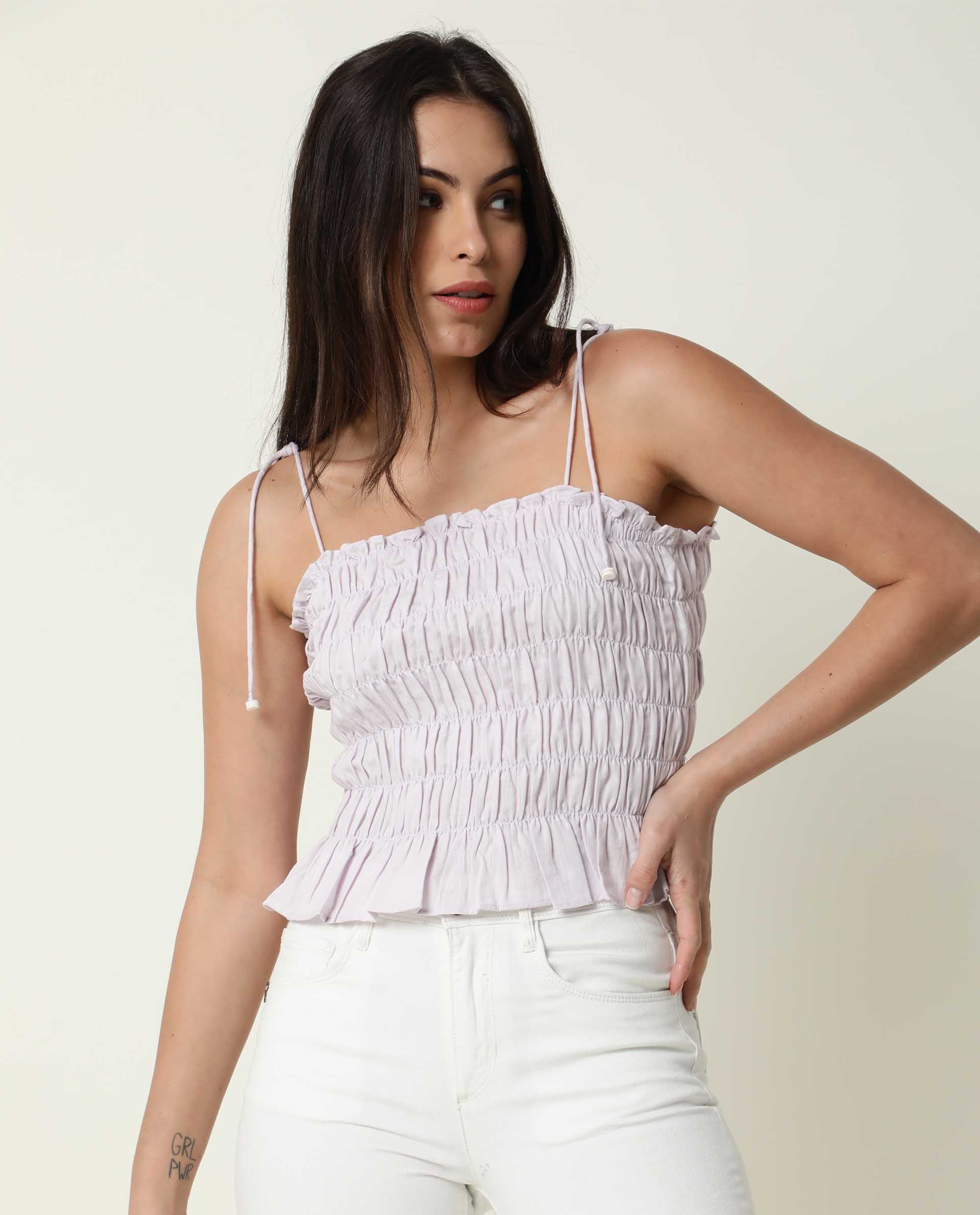 Rareism Womens Mappy Lilac Top Cotton Linen Fabric  Sleeveless Square Neck