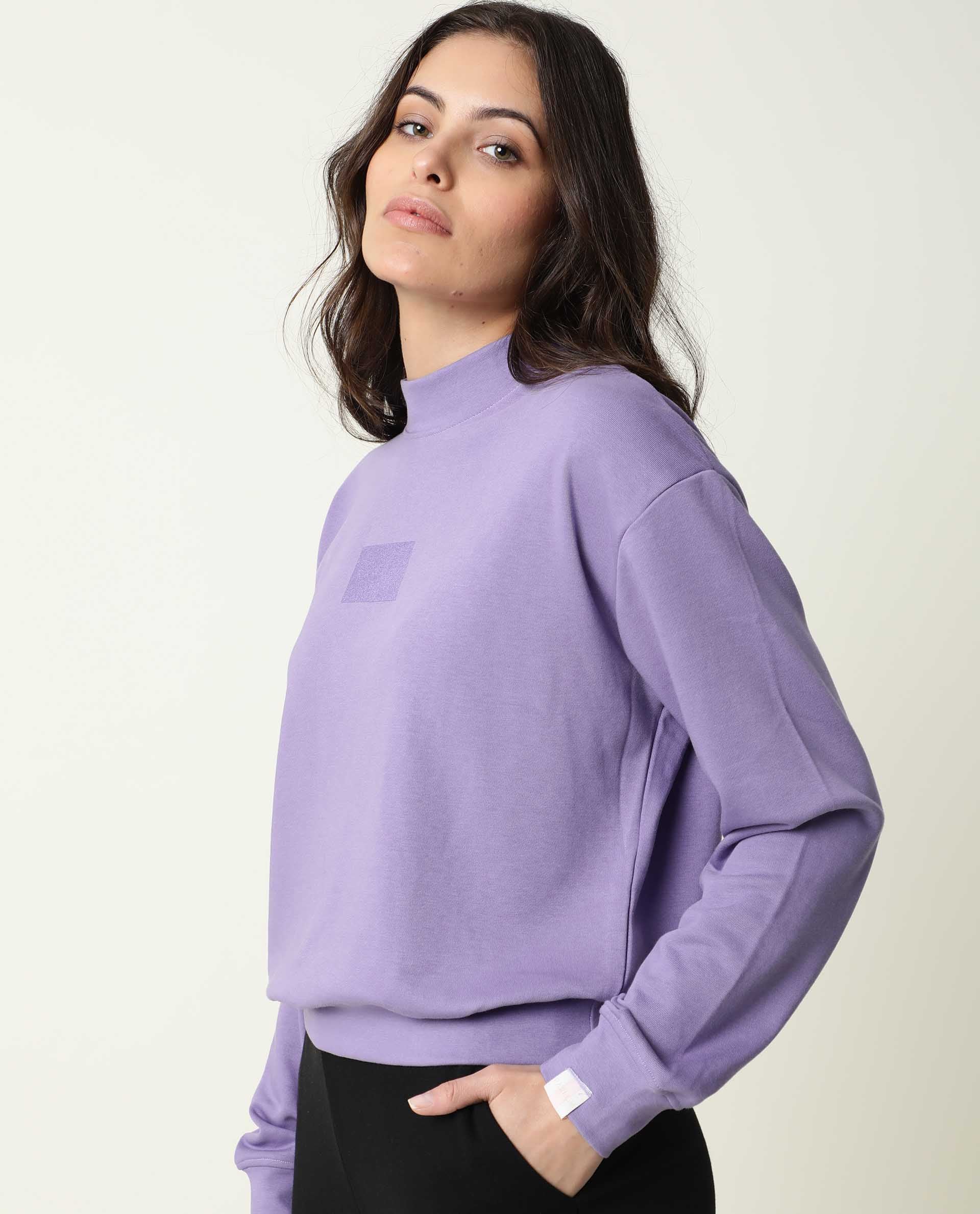 Rareism Women Hectare Pastel Purple Cotton Poly Fabric Relaxed Fit Full Sleeves Solid High Neck Sweatshirt
