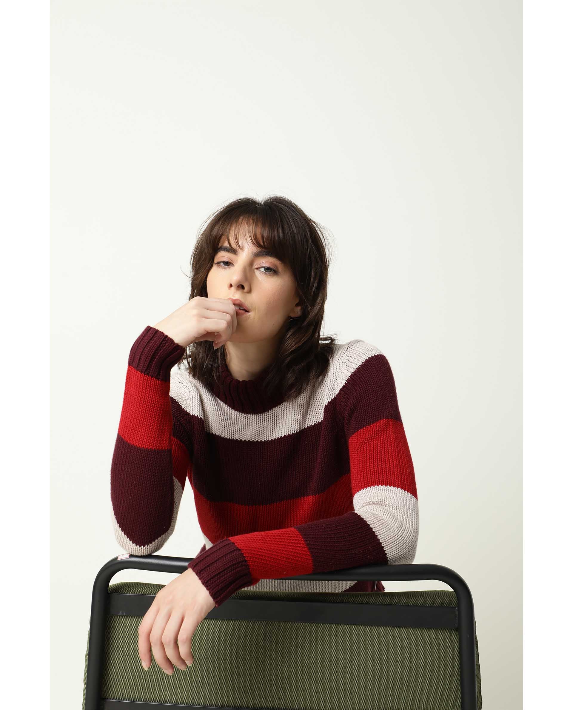 Rareism Women Tony Maroon  Full Sleeves Regular Fit Color Blocked Turtle Neck Sweater