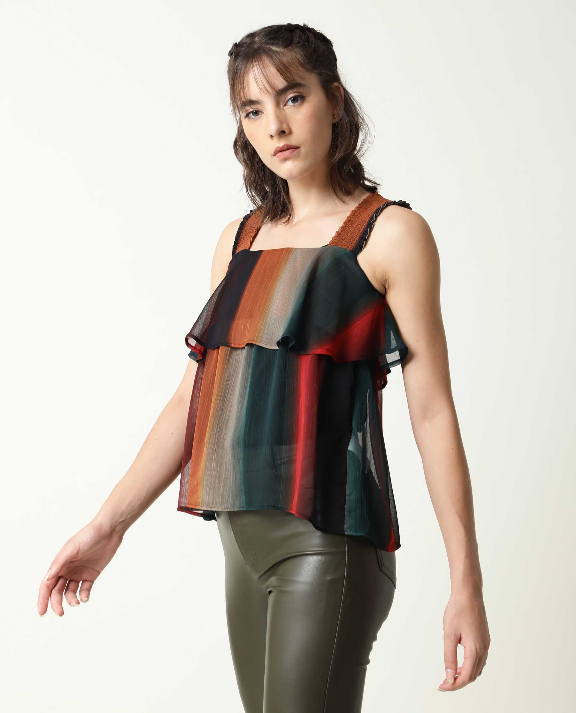 Rareism Women Pepsi Multi Viscose Fabric Regular Fit Cropped Square Neck Sleeveless Striped Top