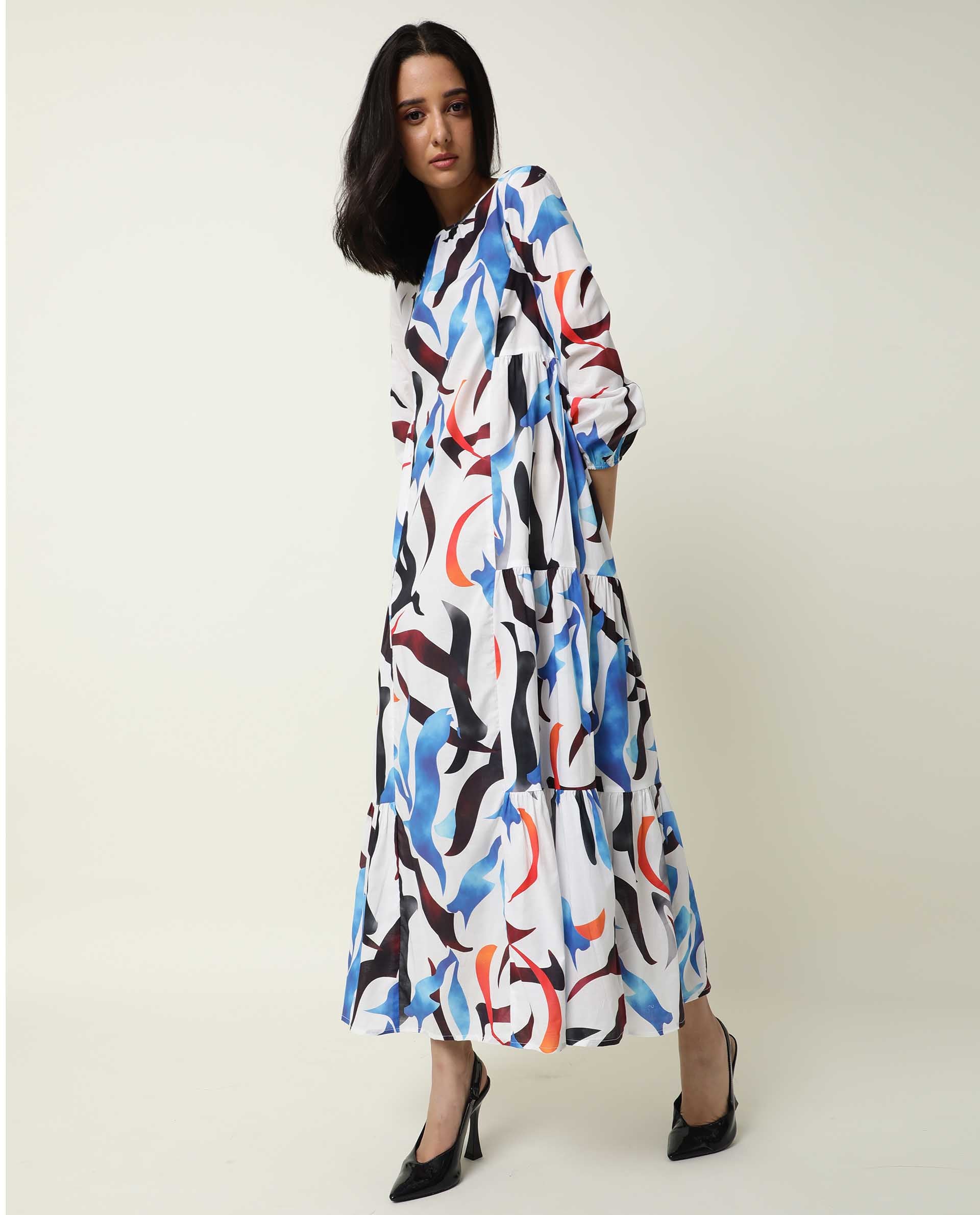 Rareism Women Europe White Abstract Boat Neck 3/4 Sleeves Tiered Maxi Dress