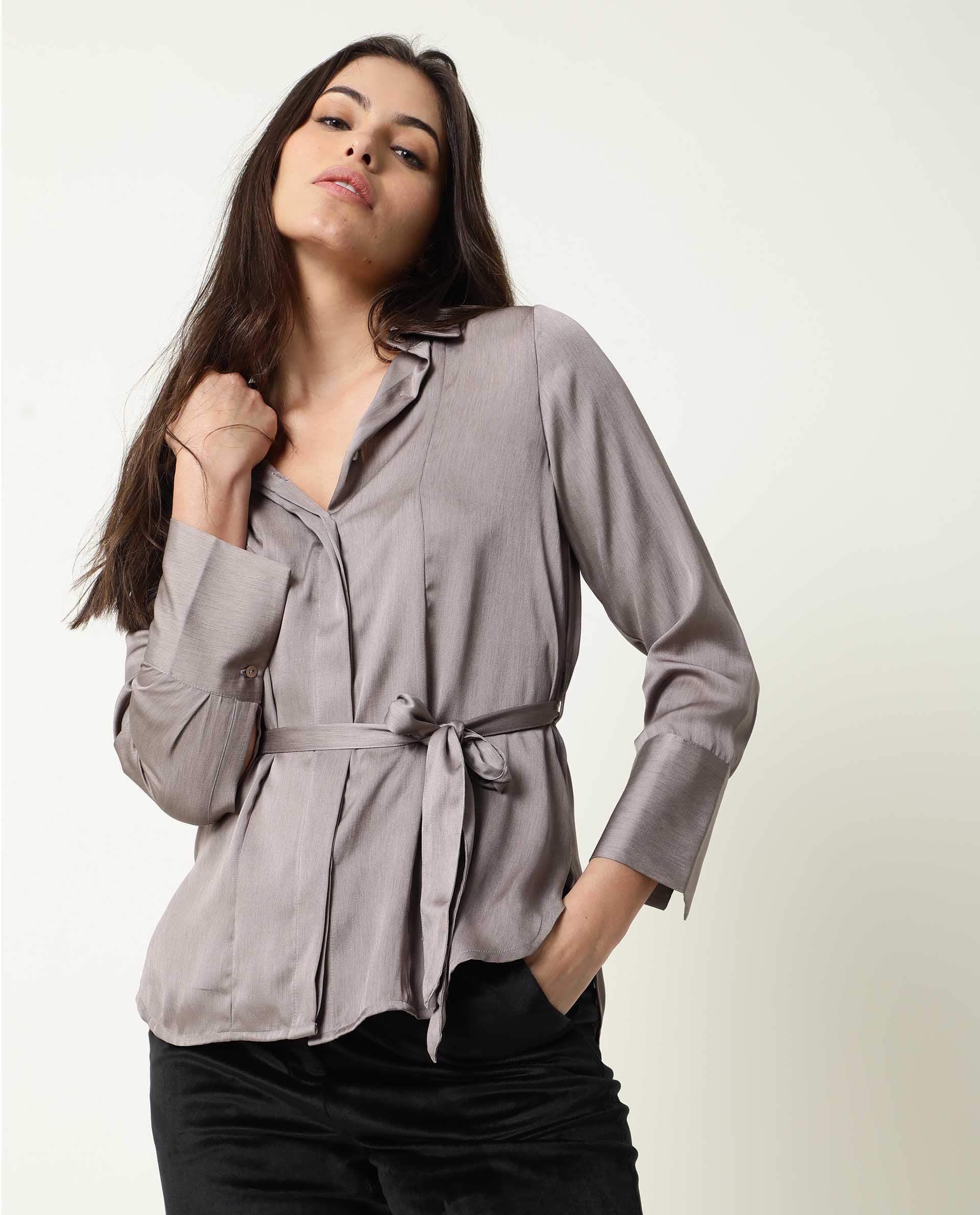 Rareism Womens Wandy Beige Top Polyester Fabric  Full Sleeve Collared Neck