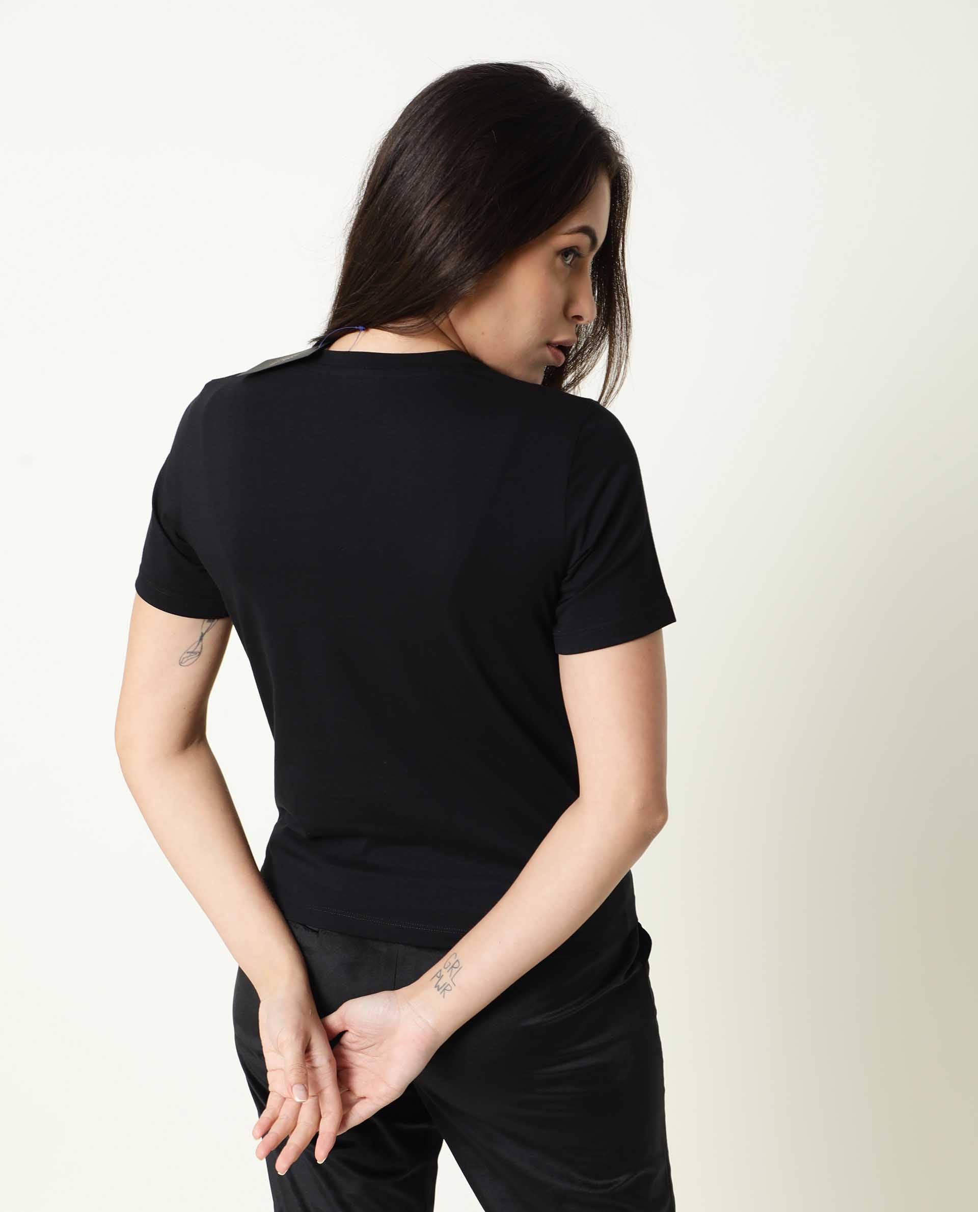 Rareism Womens Moya Black T-Shirt Cotton Fabric Regular Fit Half Sleeve Crew Neck