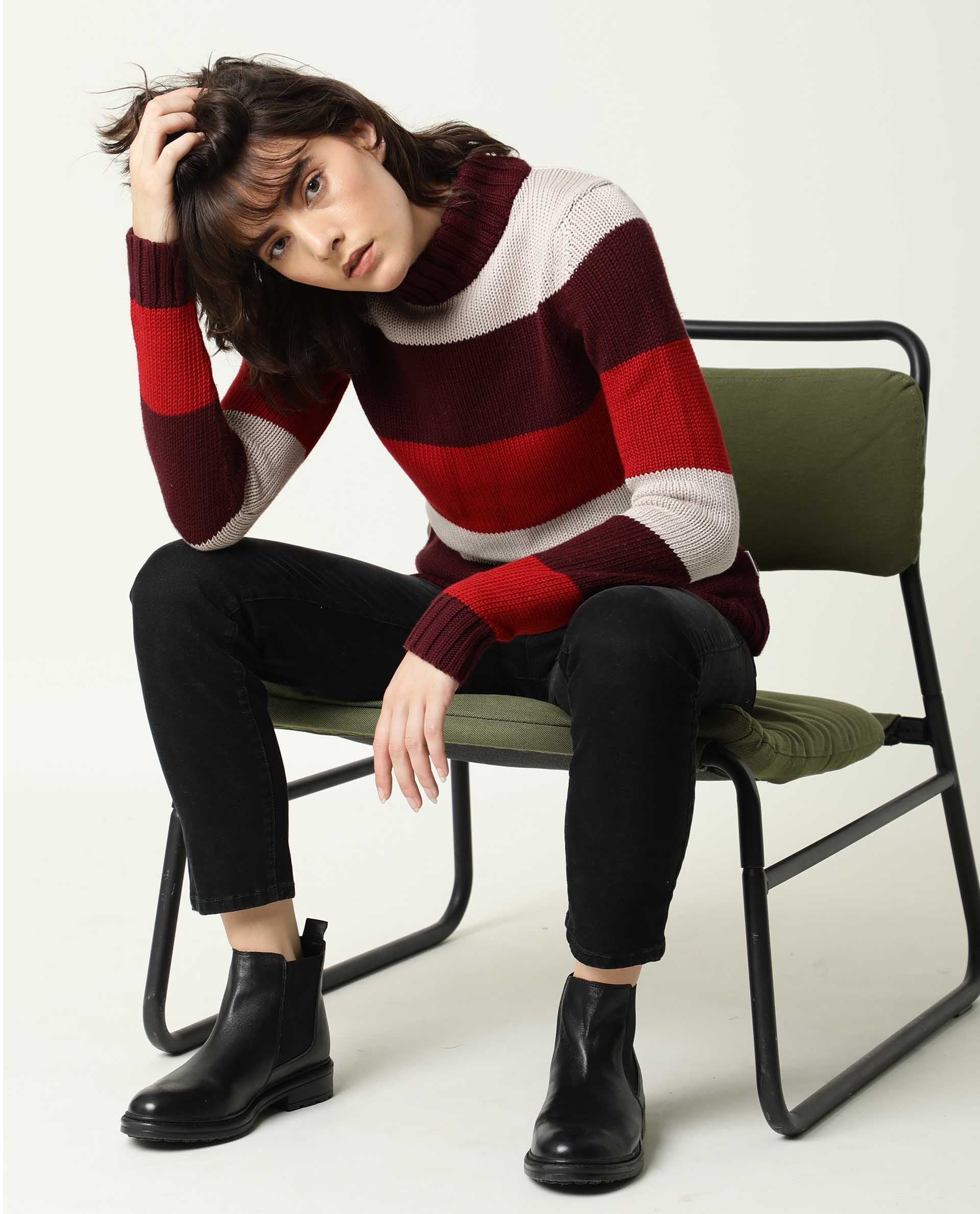Rareism Women Tony Maroon  Full Sleeves Regular Fit Color Blocked Turtle Neck Sweater