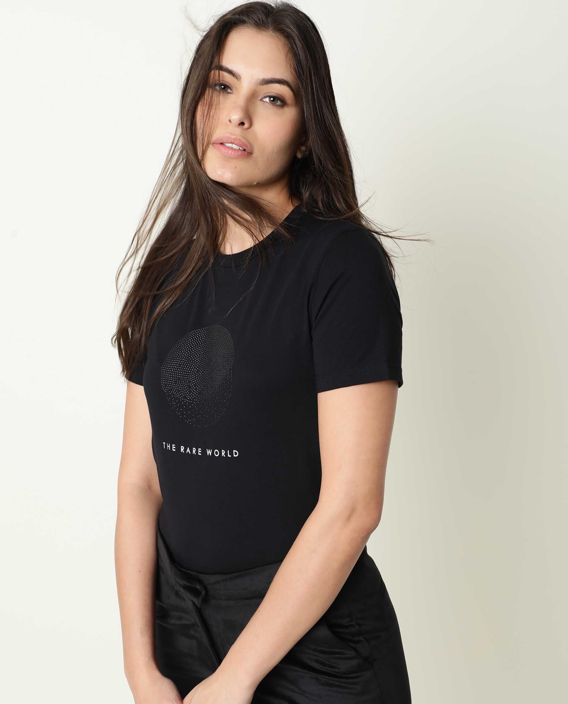Rareism Womens Moya Black T-Shirt Cotton Fabric Regular Fit Half Sleeve Crew Neck