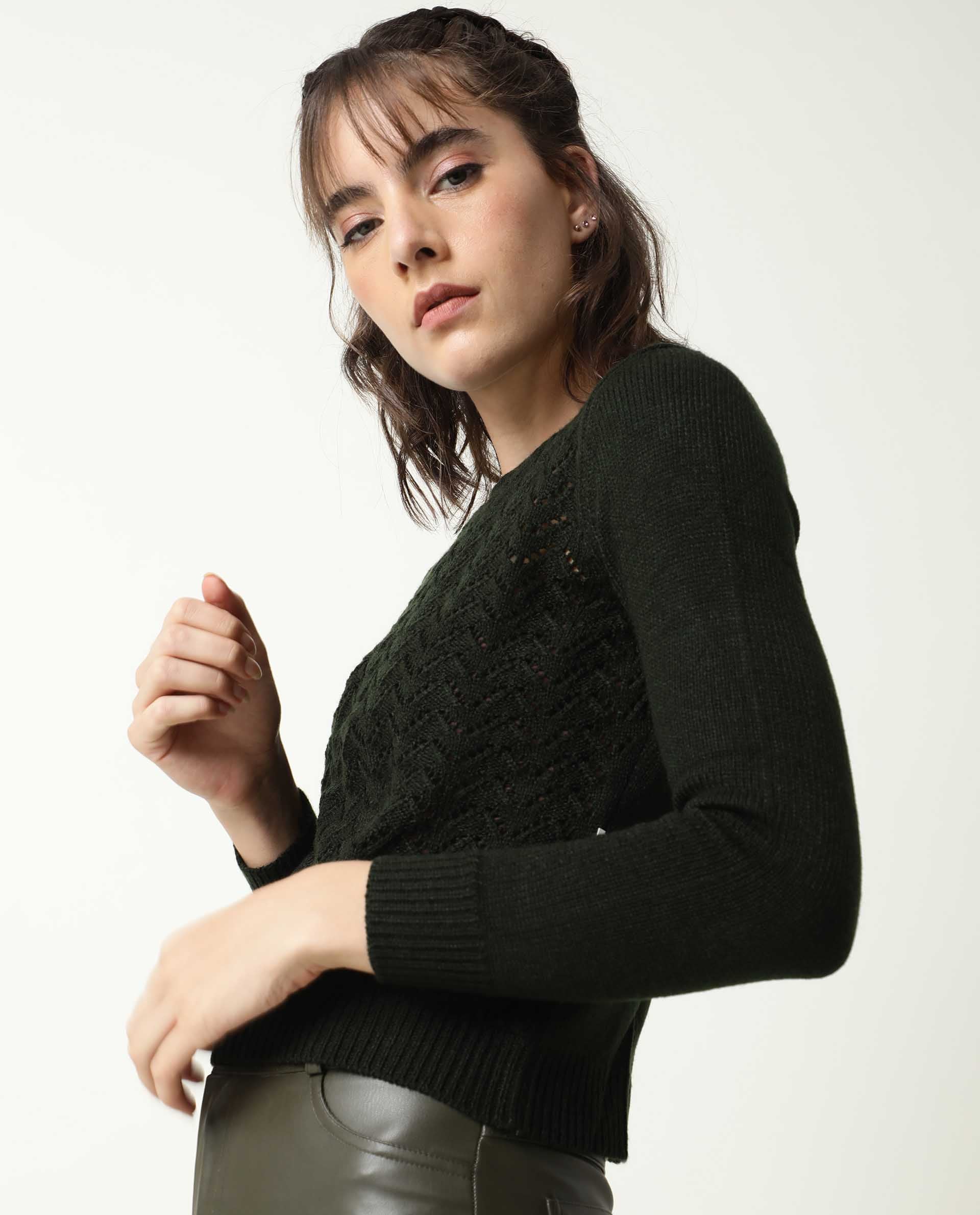 Rareism Women Sami Olive Acrylic Fabric Full Sleeves Slim Fit Solid Round Neck Sweater