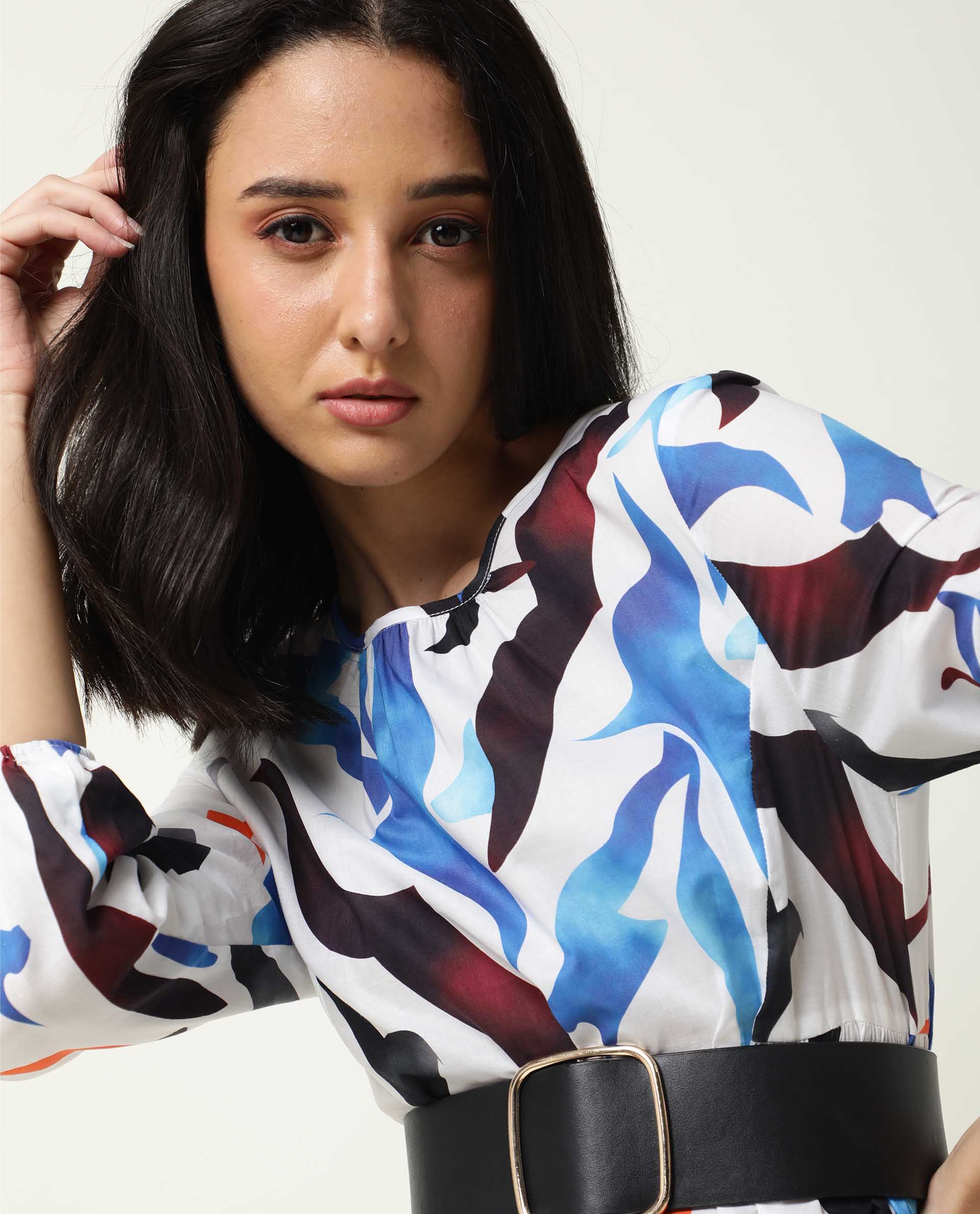 Rareism Women Europe White Abstract Boat Neck 3/4 Sleeves Tiered Maxi Dress