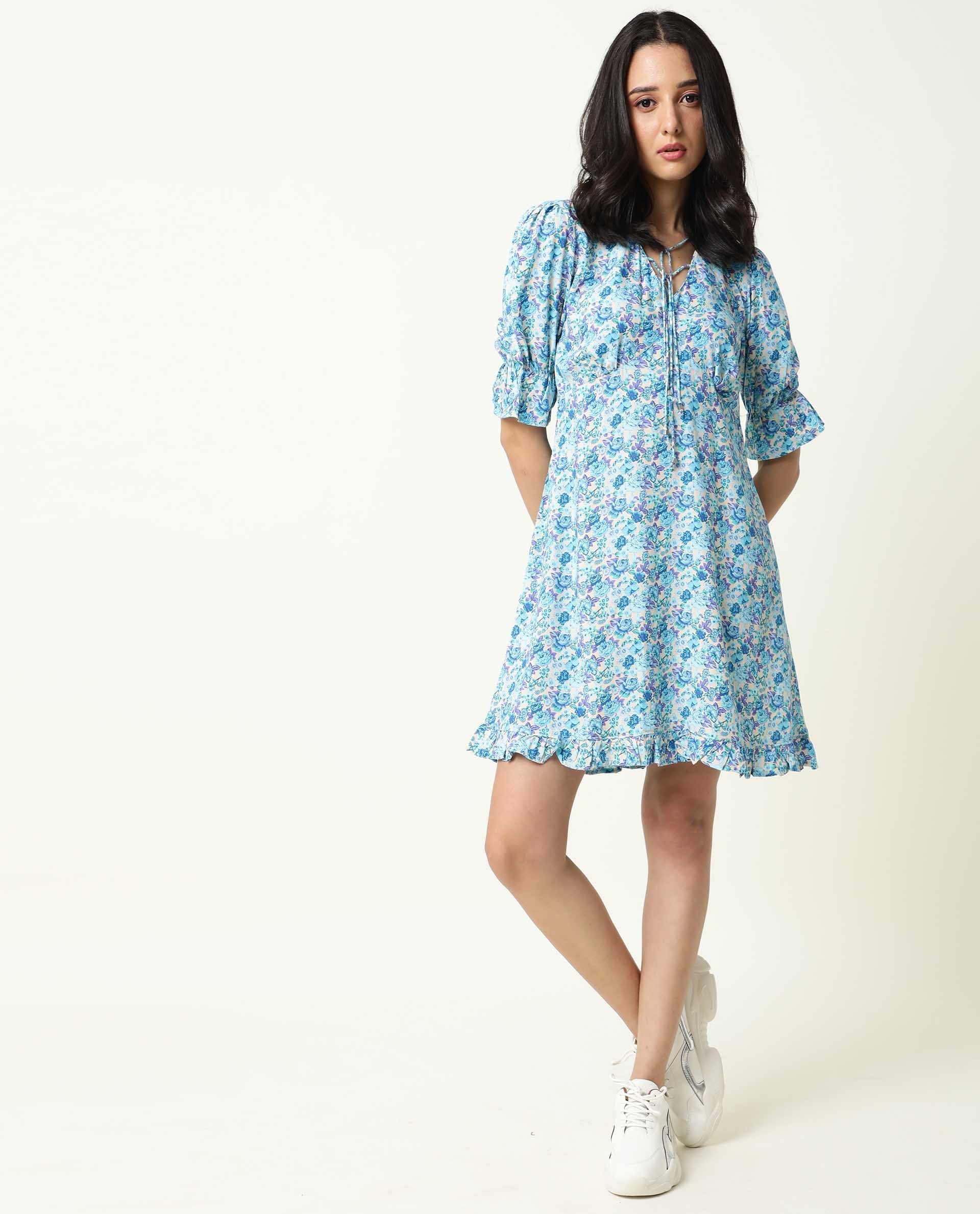 Rareism Women's Eon Blue Viscose V-Neck Floral Print Puff Sleeves Midi Slim Fit Dress