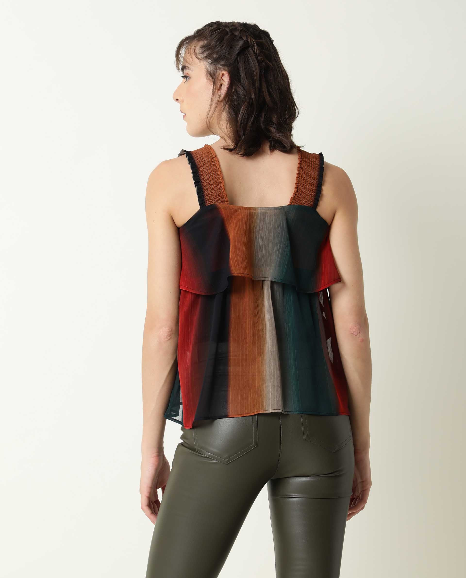 Rareism Women Pepsi Multi Viscose Fabric Regular Fit Cropped Square Neck Sleeveless Striped Top