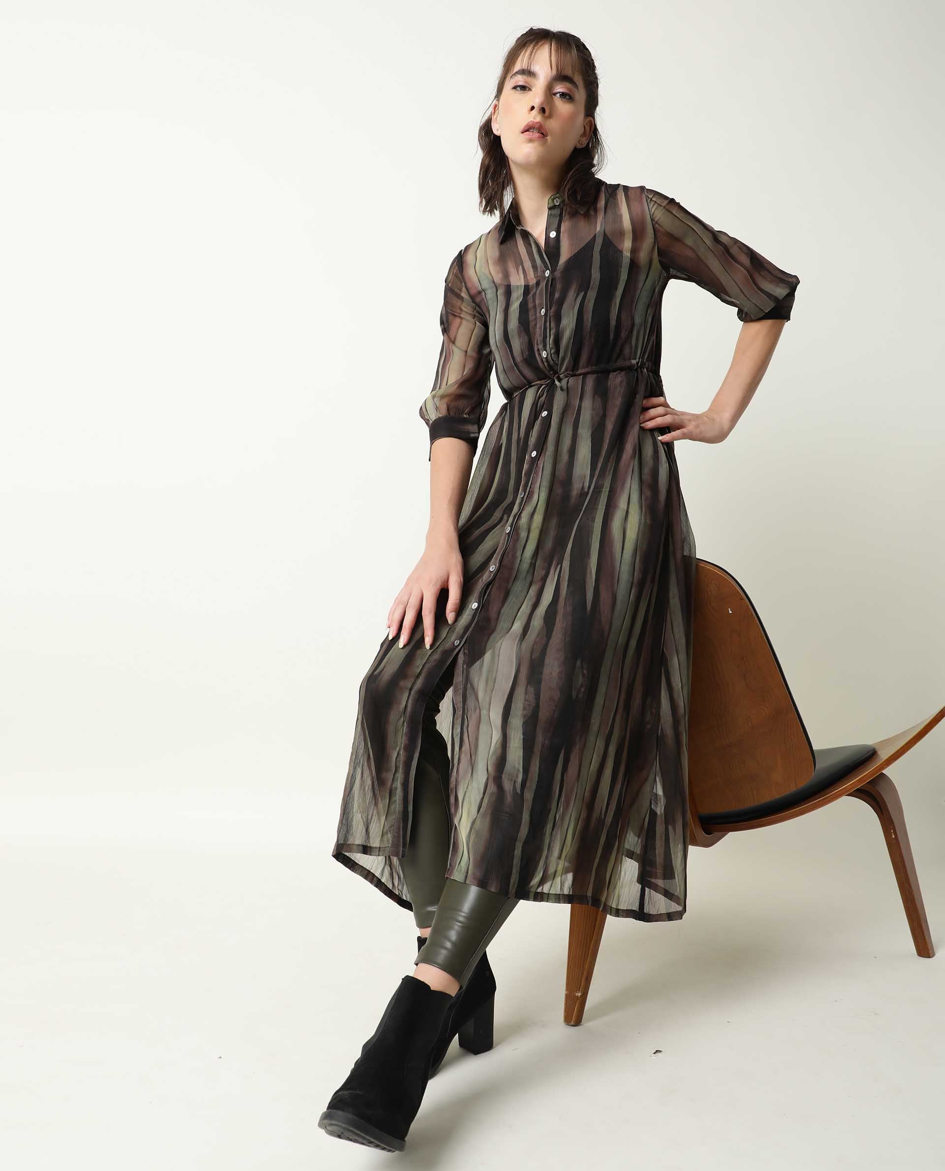Rareism Women Klepto Green Striped Shirt Collar Half Sleeves With Front Full Button Closure Placket And Pocket Midi Dress