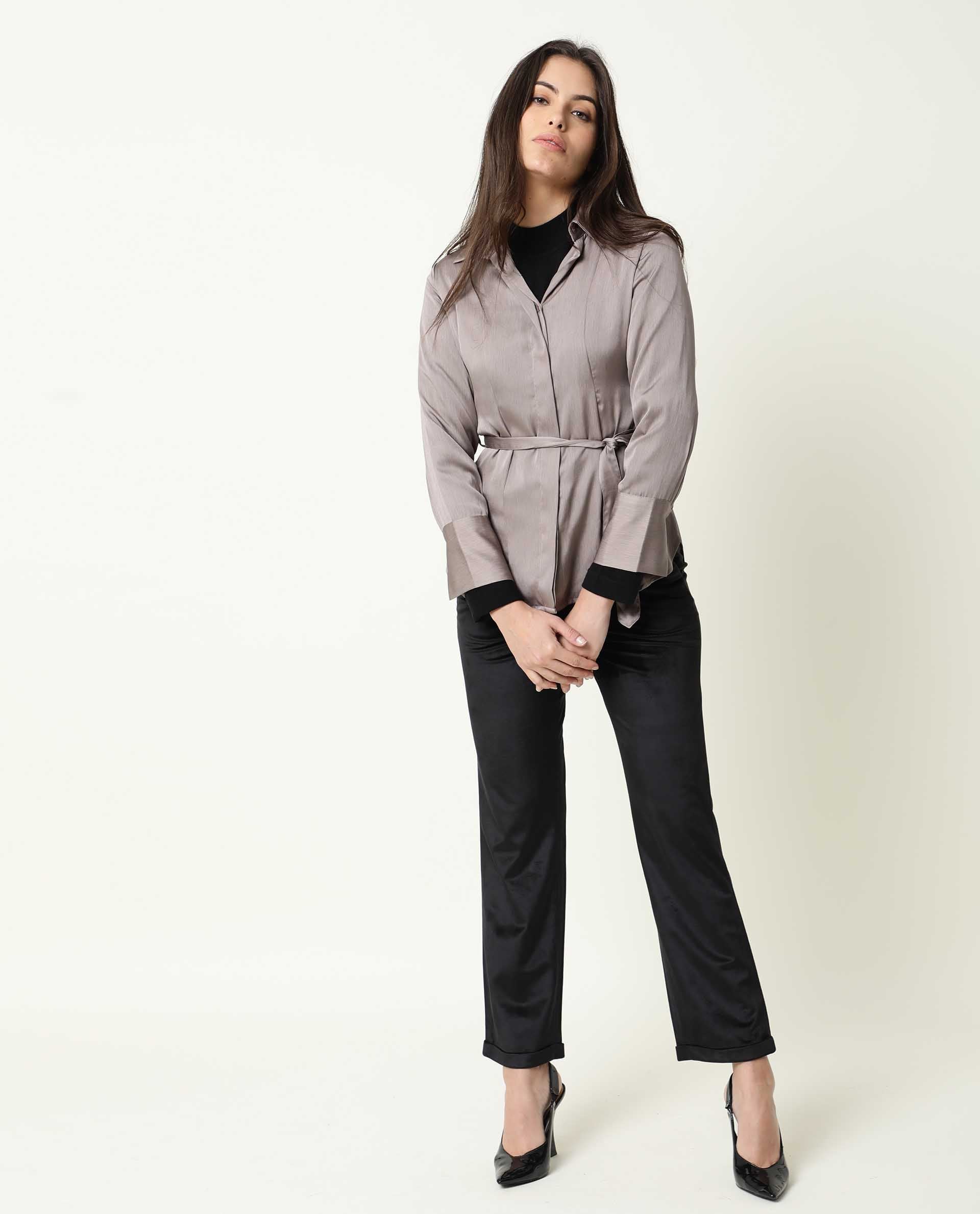 Rareism Womens Wandy Beige Top Polyester Fabric  Full Sleeve Collared Neck