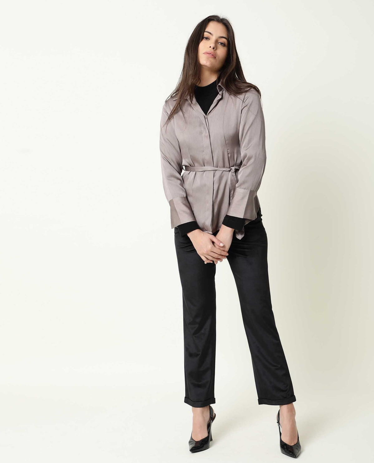 Rareism Womens Wandy Beige Top Polyester Fabric  Full Sleeve Collared Neck