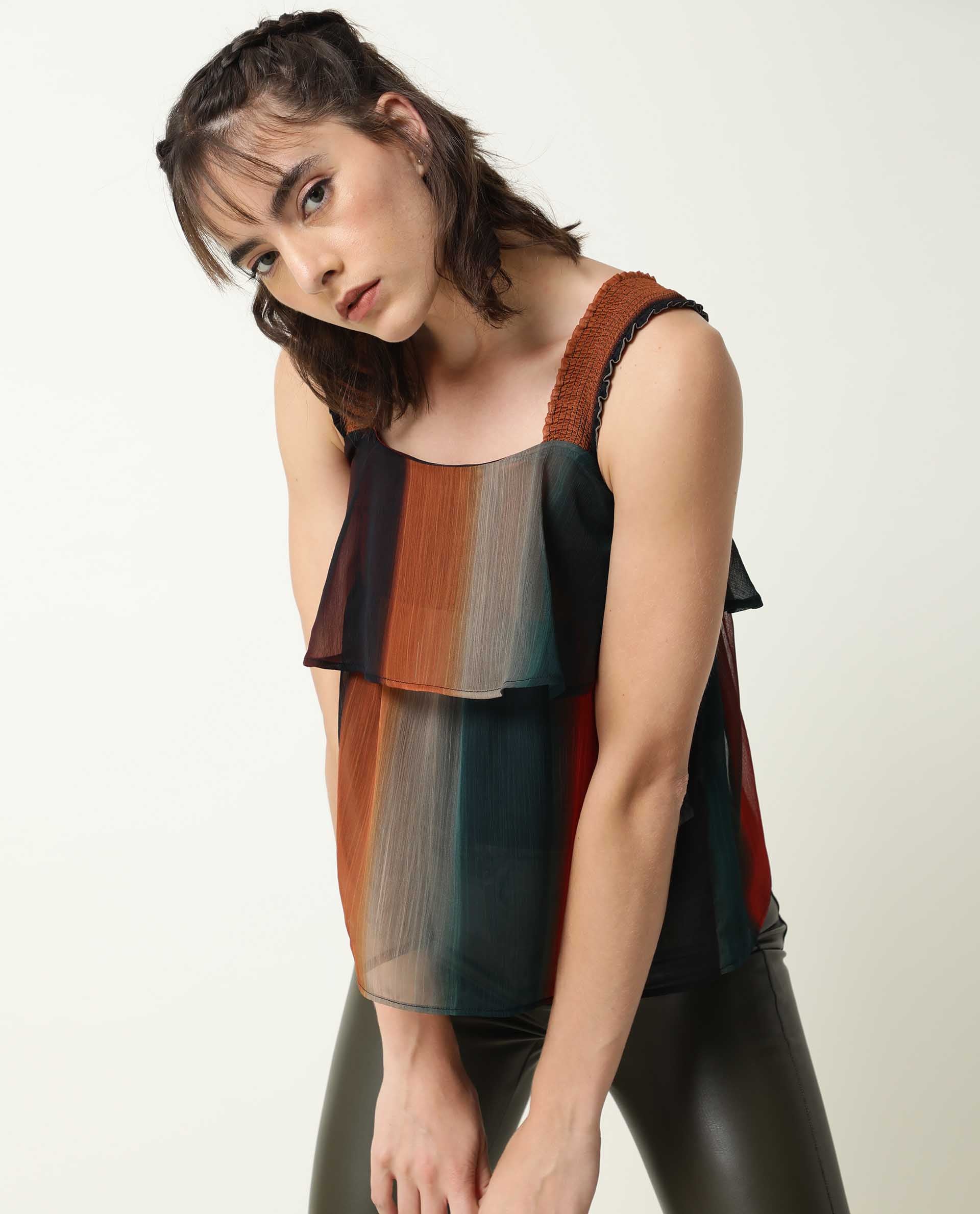 Rareism Women Pepsi Multi Viscose Fabric Regular Fit Cropped Square Neck Sleeveless Striped Top