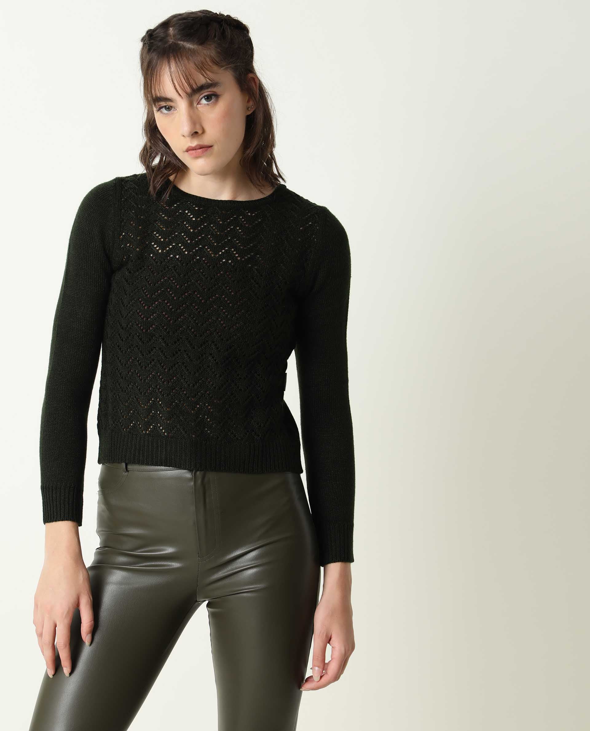 Rareism Women Sami Olive Acrylic Fabric Full Sleeves Slim Fit Solid Round Neck Sweater