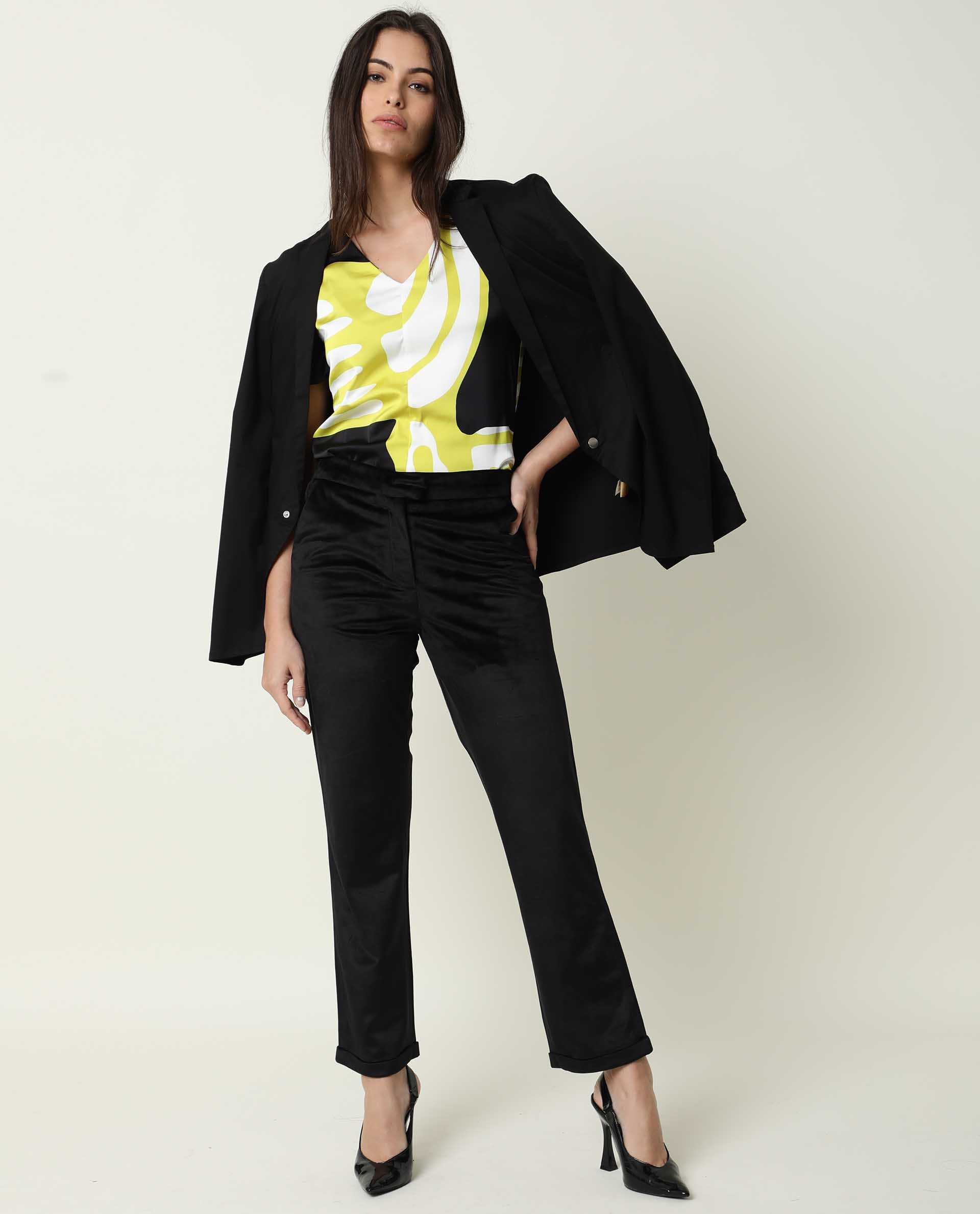 Rareism Womens Jane Black Top Modal Fabric  Full Sleeve V Neck