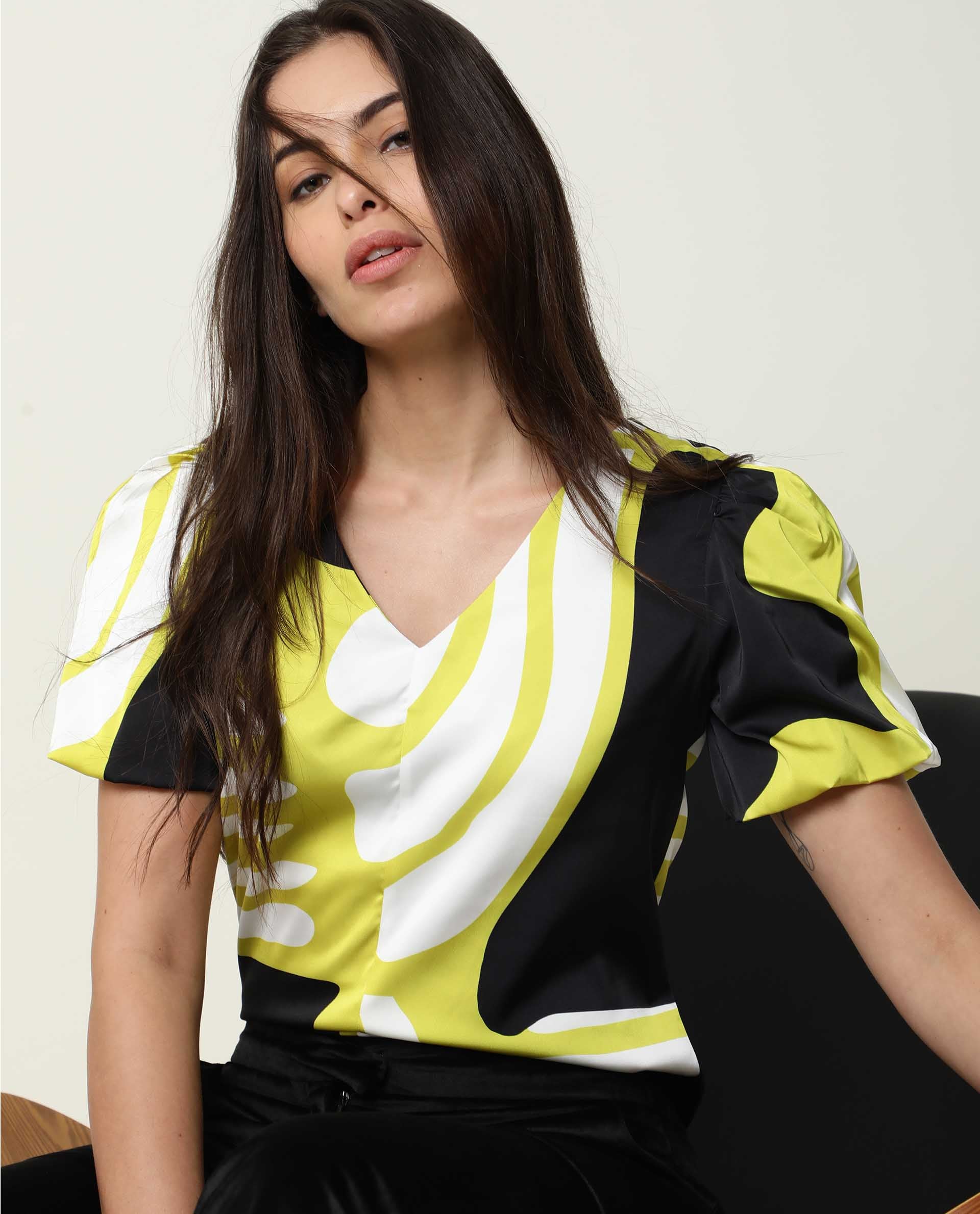Rareism Womens Jane Black Top Modal Fabric  Full Sleeve V Neck