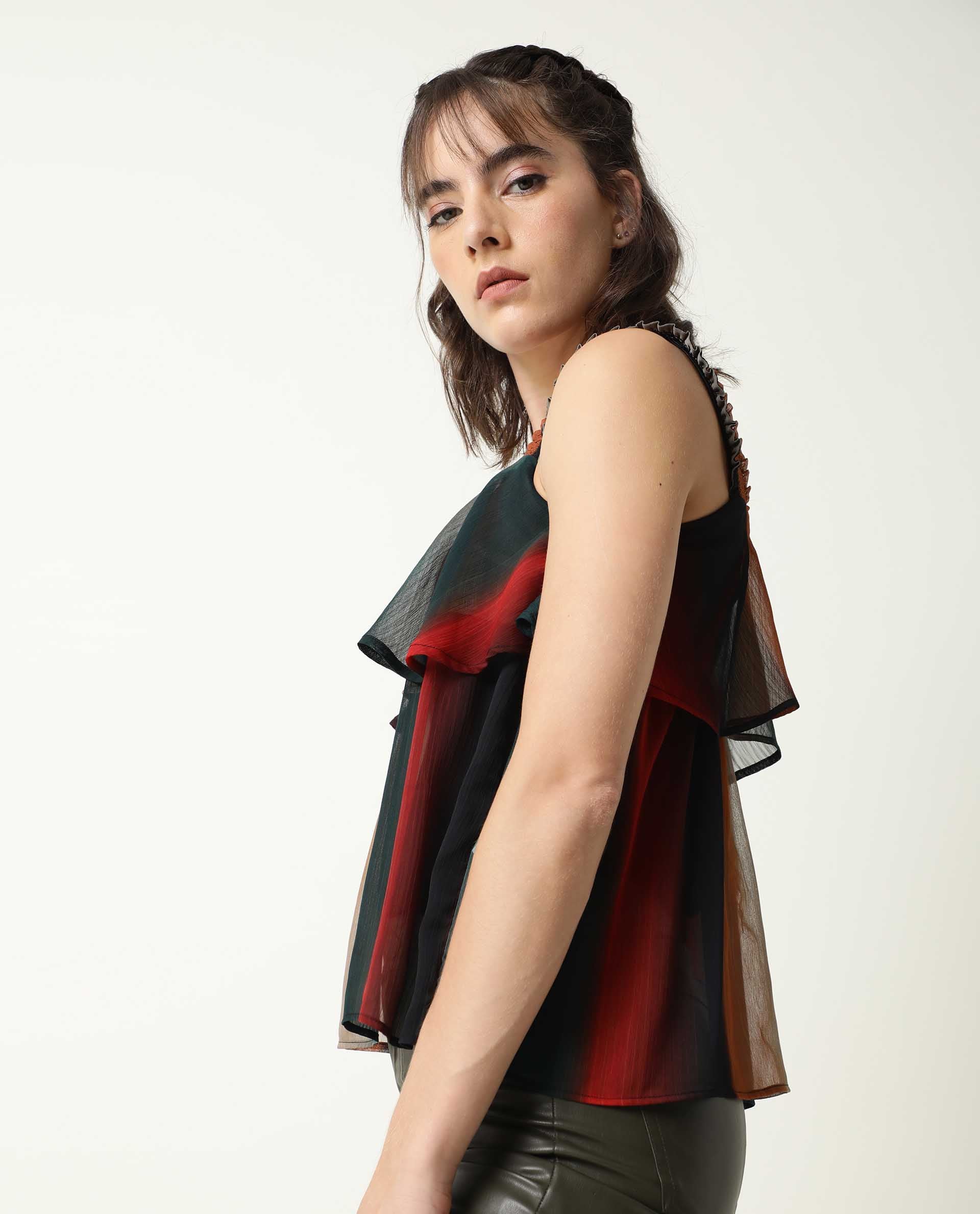 Rareism Women Pepsi Multi Viscose Fabric Regular Fit Cropped Square Neck Sleeveless Striped Top