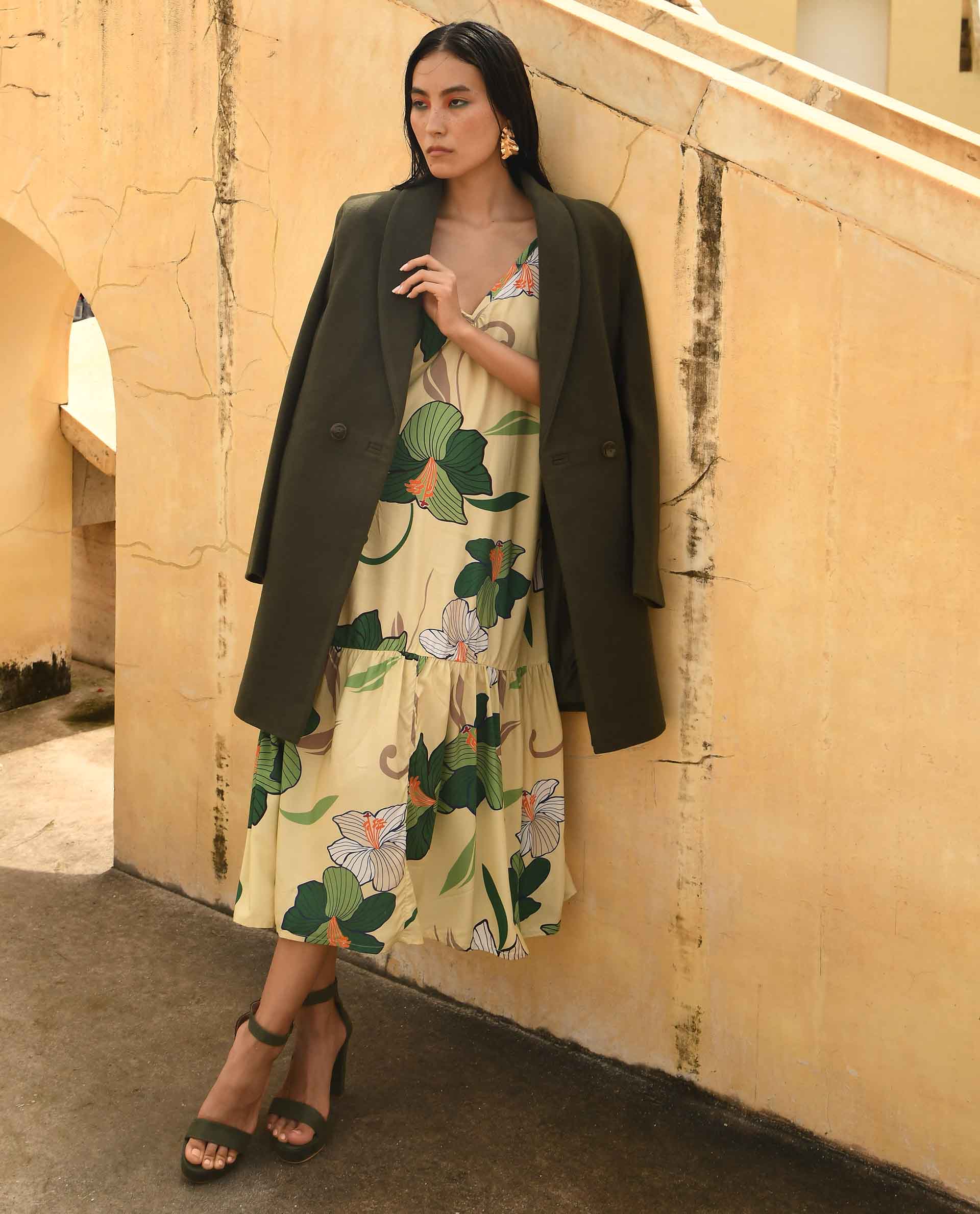 Rareism Women Avon Olive Polyester Fabric Full Sleeves Solid Lapel Neck Jacket