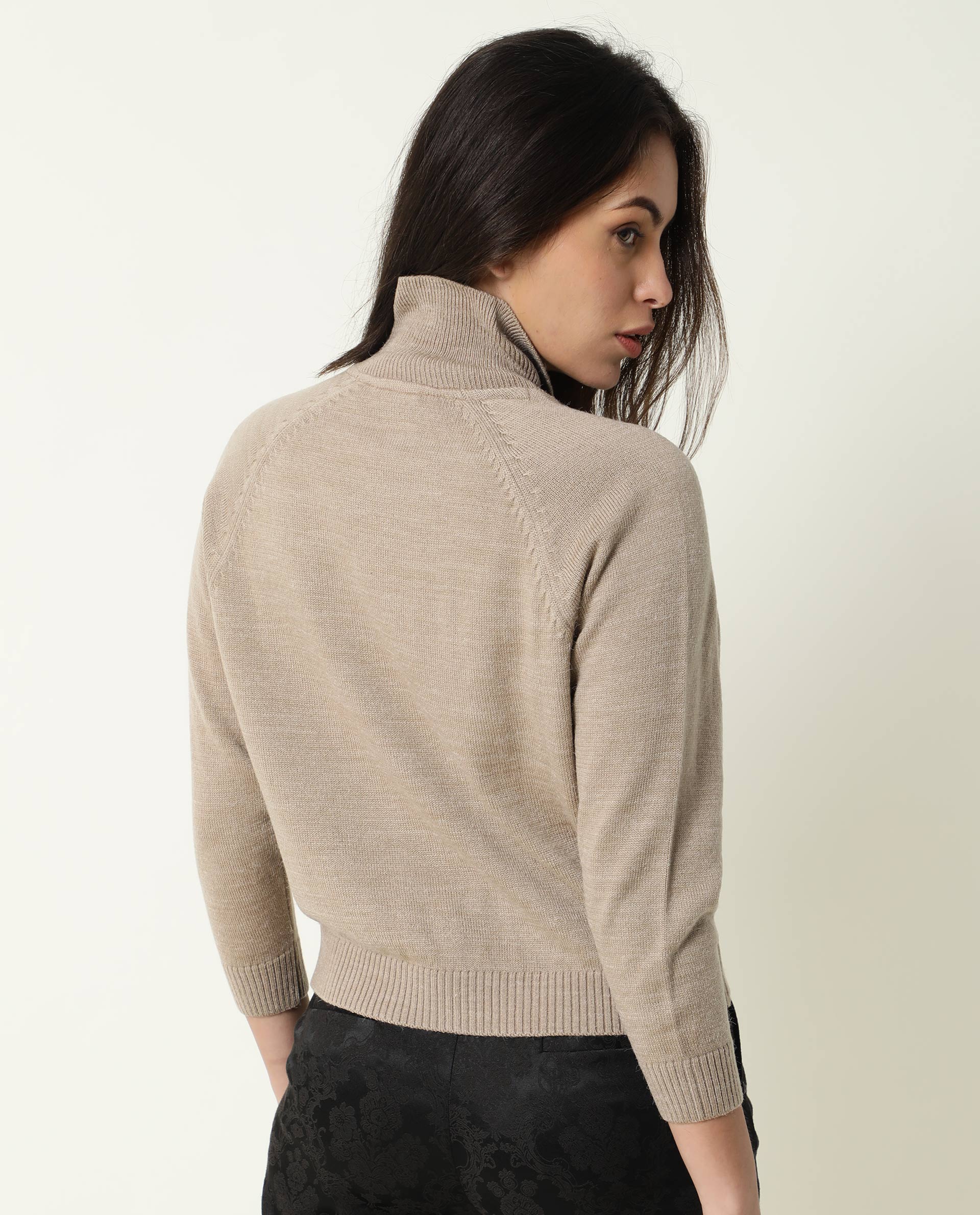 Rareism Women Polish Light Beige Acrylic Fabric Full Sleeves Knee Length Regular Fit Solid Shirt Collar Sweater