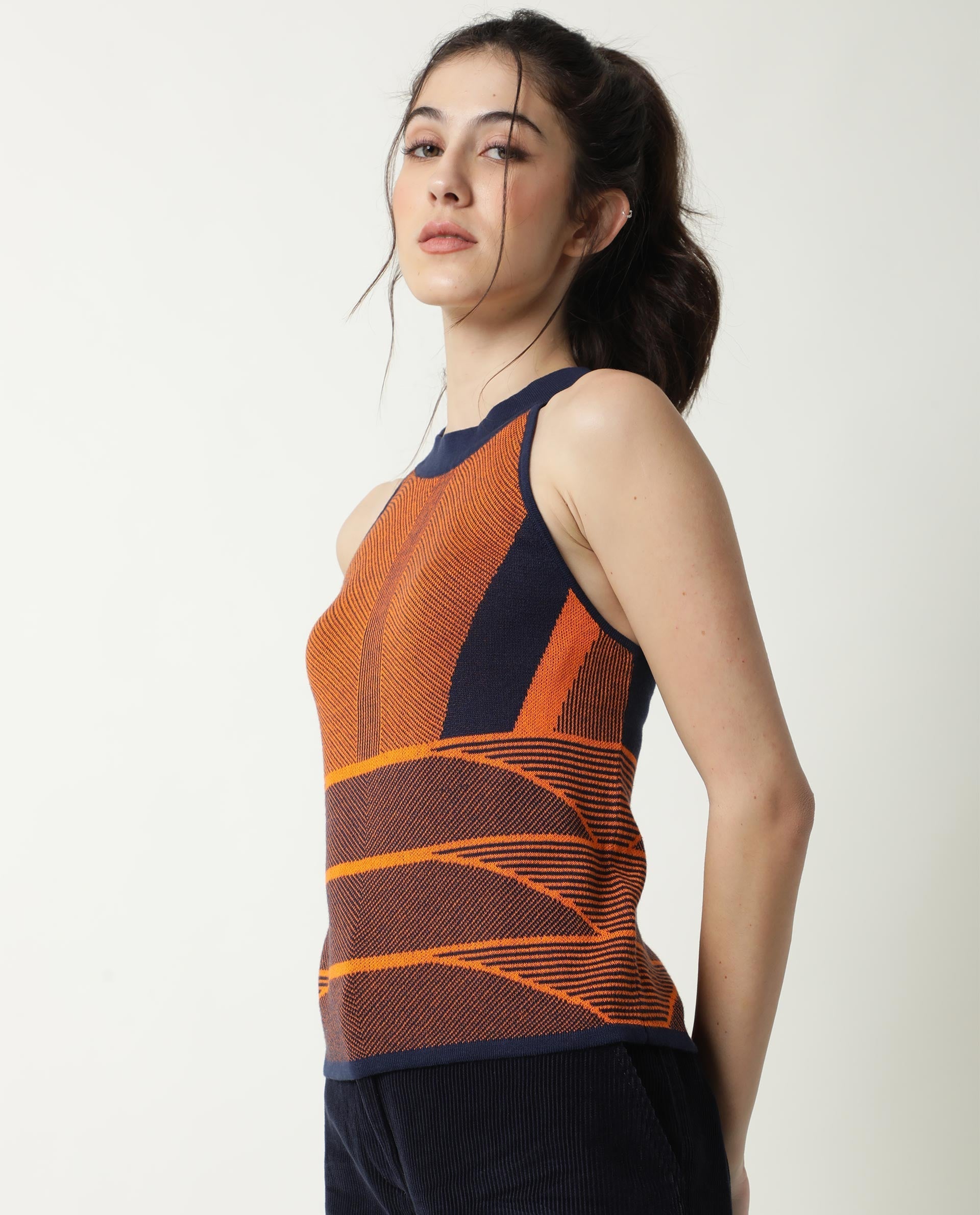 Rareism Women Lila Orange Cotton Fabric Sleeveless Regular Fit Abstract Print Halter Neck Sweater