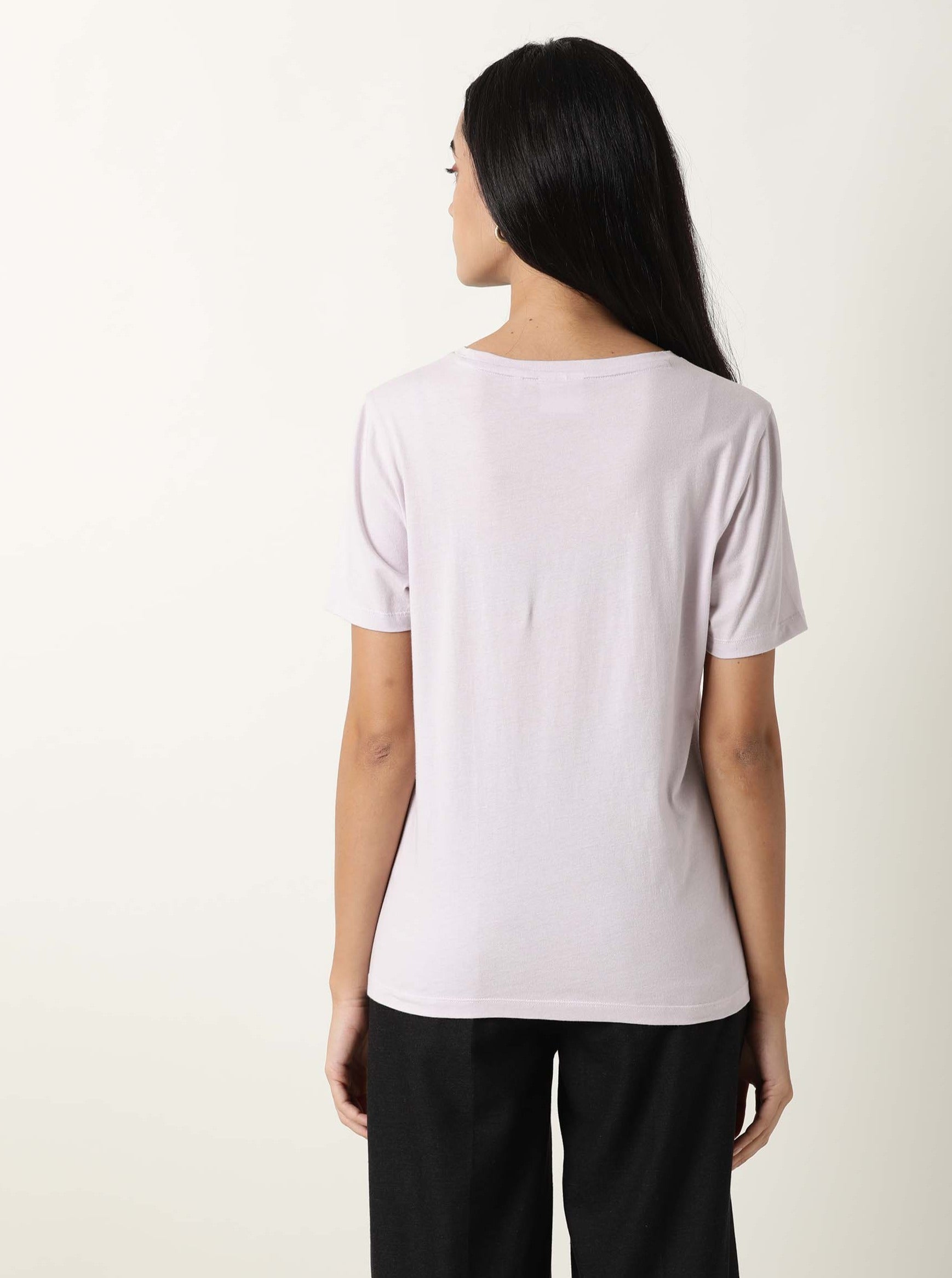 Rareism Women Moes Pastel Purple Cotton Fabric Regular Fit Half Sleeves Graphic Print Crew Neck T-Shirt