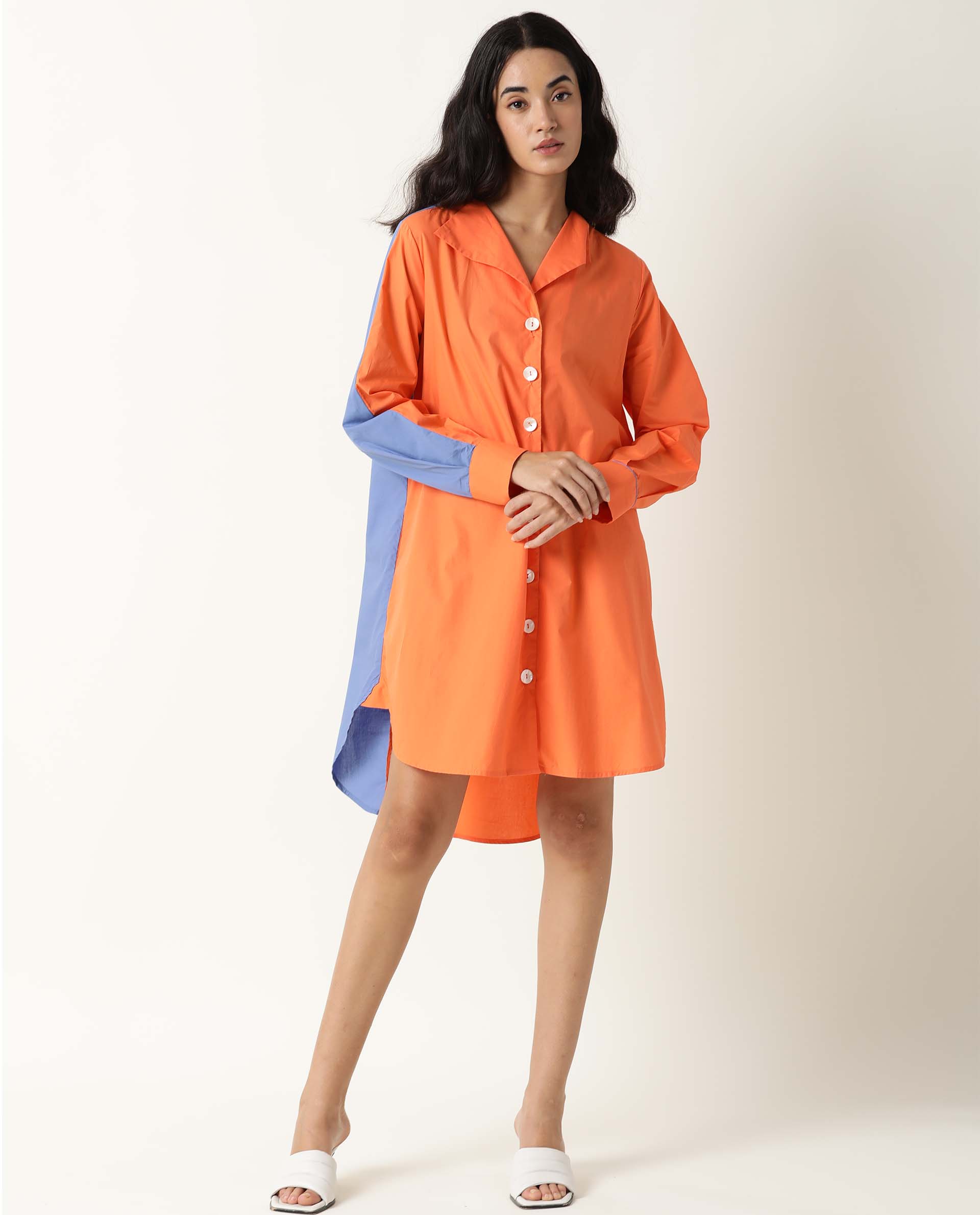 Rareism Women Tally Orange Lapel Collar Full Sleeves Front Full Button Closure Placket And Pockets Mini Dress