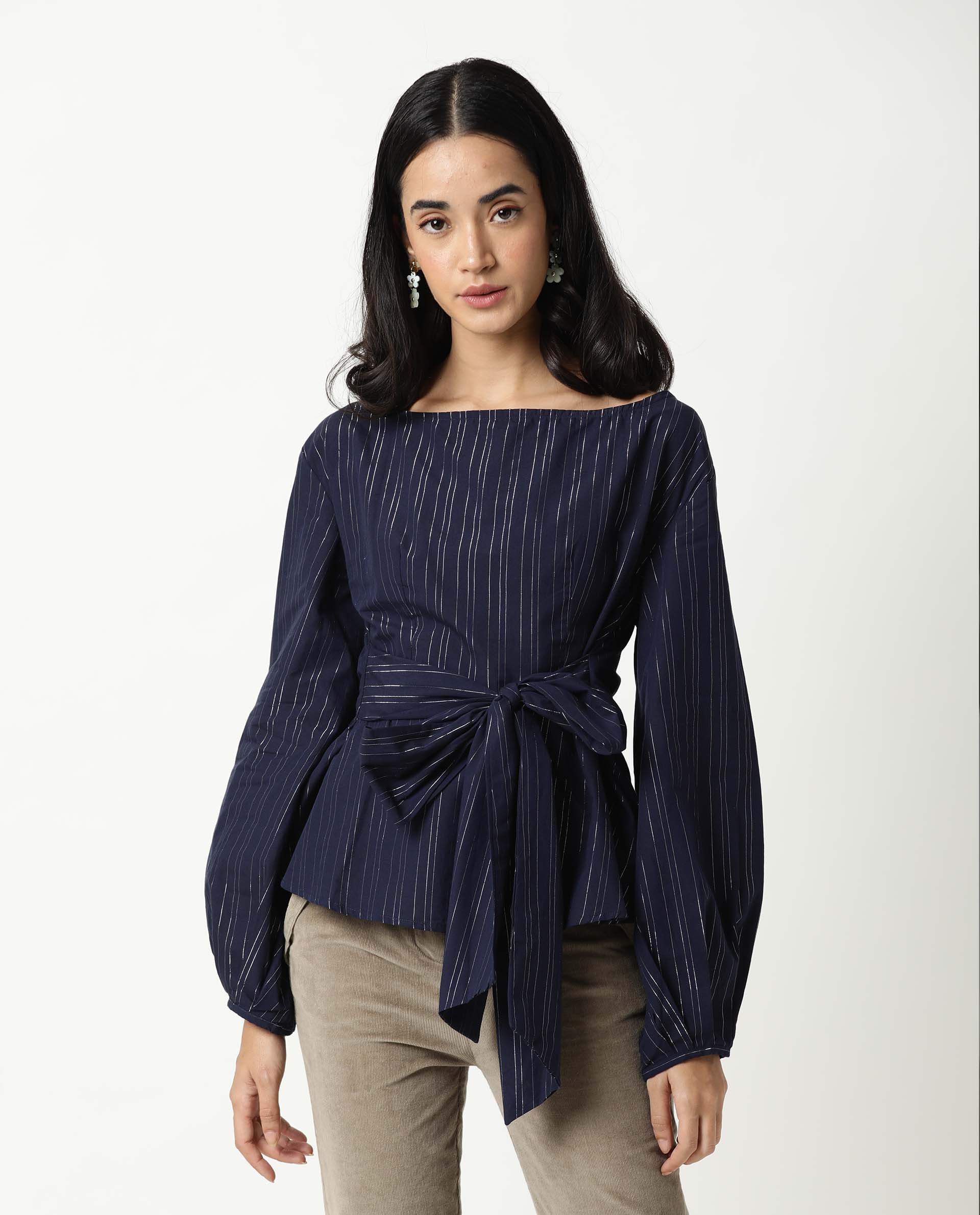 Rareism Women Tackle Navy  Regular Fit Boat Neck Full Sleeves Striped Top