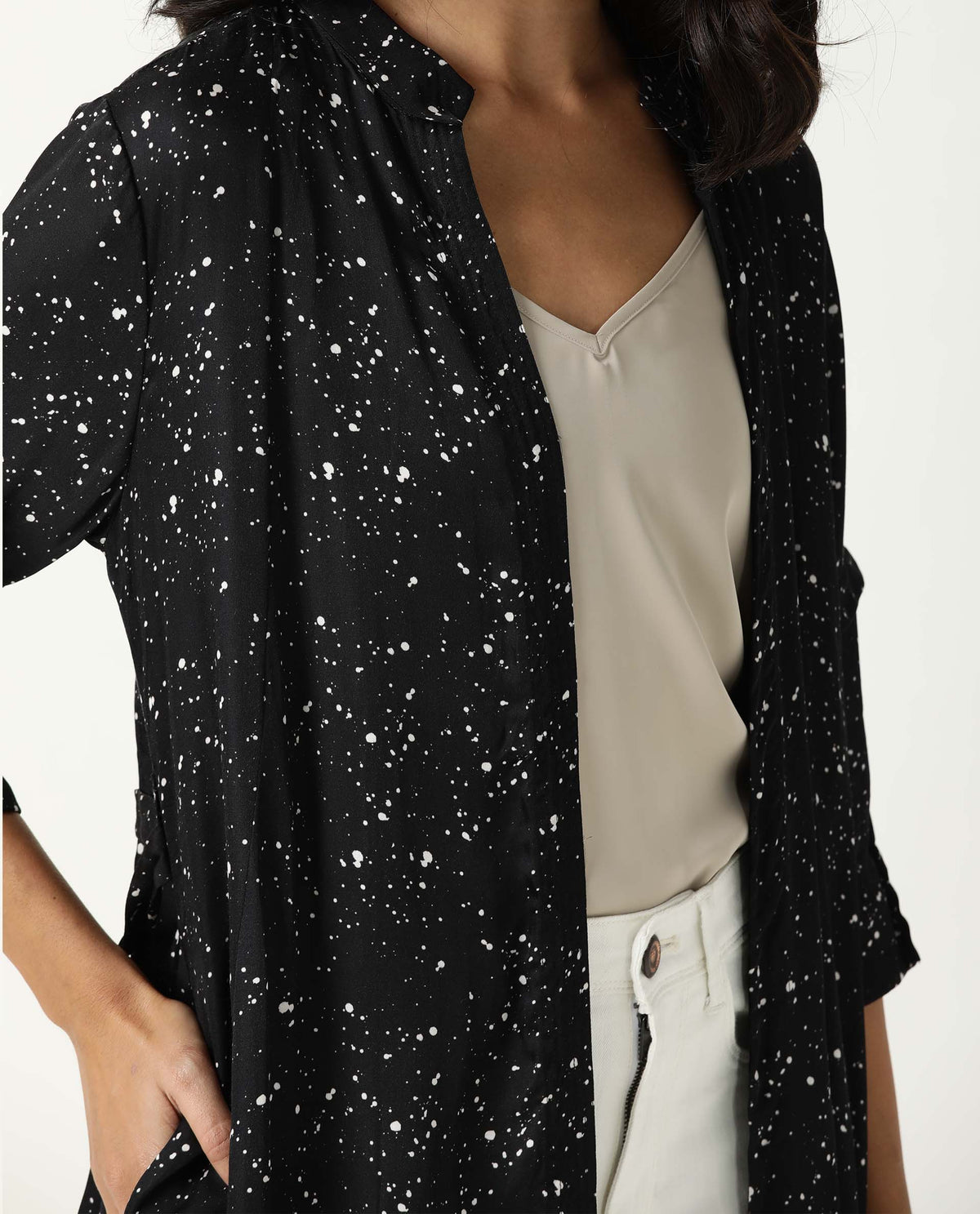 Rareism Women Dune Black Overlayer Short Sleeves Printed