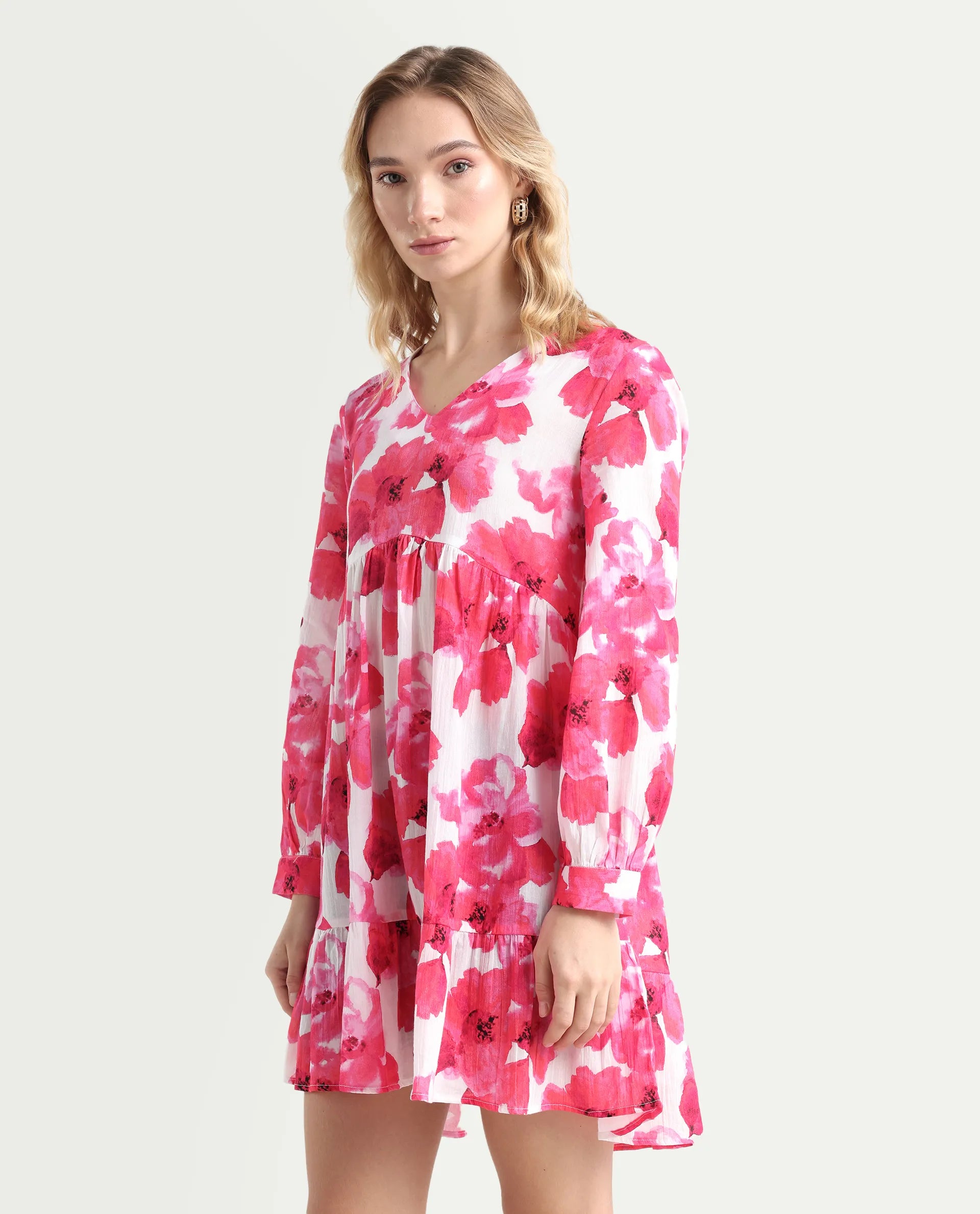 Rareism Women's Valan Pink Cotton V-Neck Floral Print Mini Fit And Flare Dress