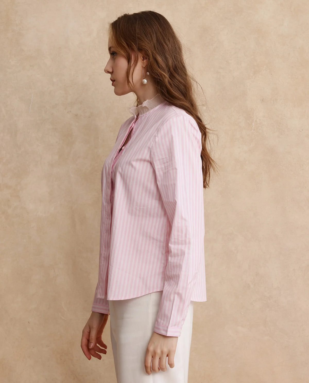 Rareism Women Valencienne Light Pink Cuffed Sleeve Ruffled Neck Regular Fit Striped Shirt