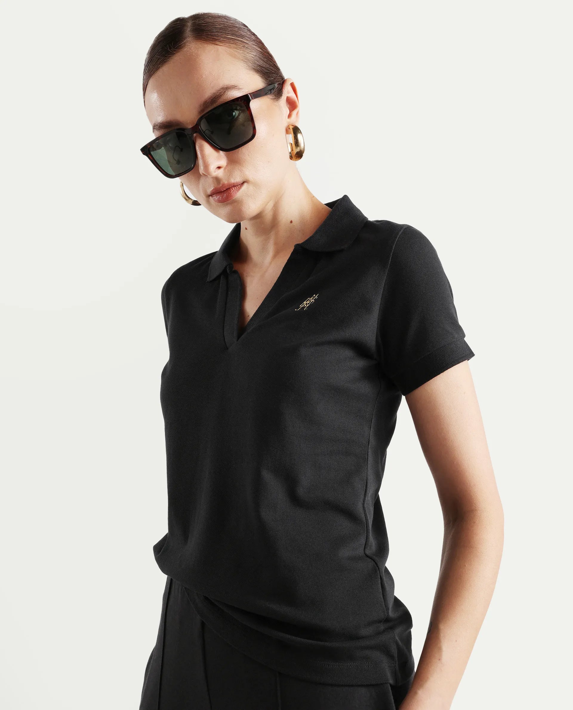 Rareism Women's Van Black Cotton Blend Polo Neck Plain Regular Fit Polo