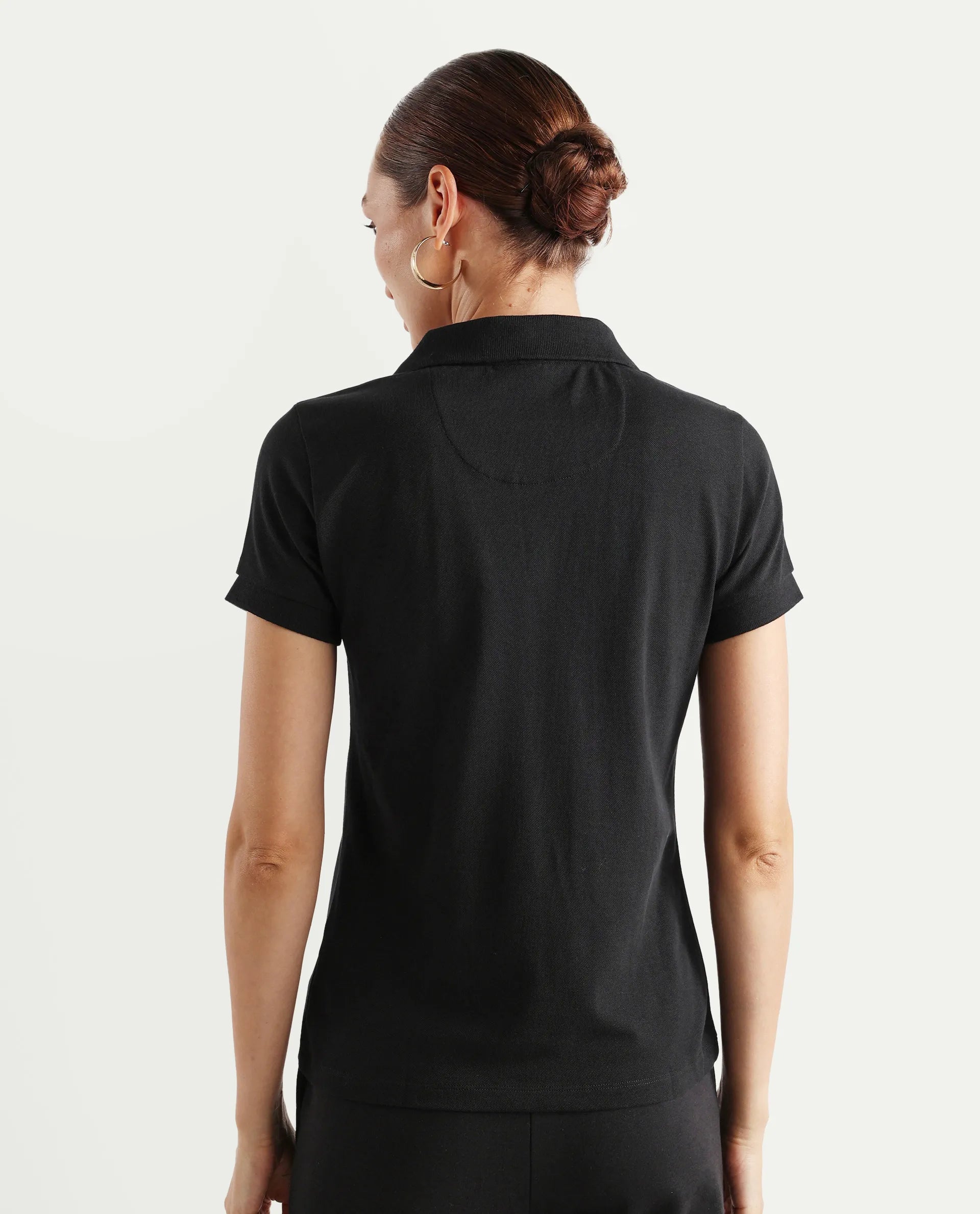 Rareism Women's Van Black Cotton Blend Polo Neck Plain Regular Fit Polo