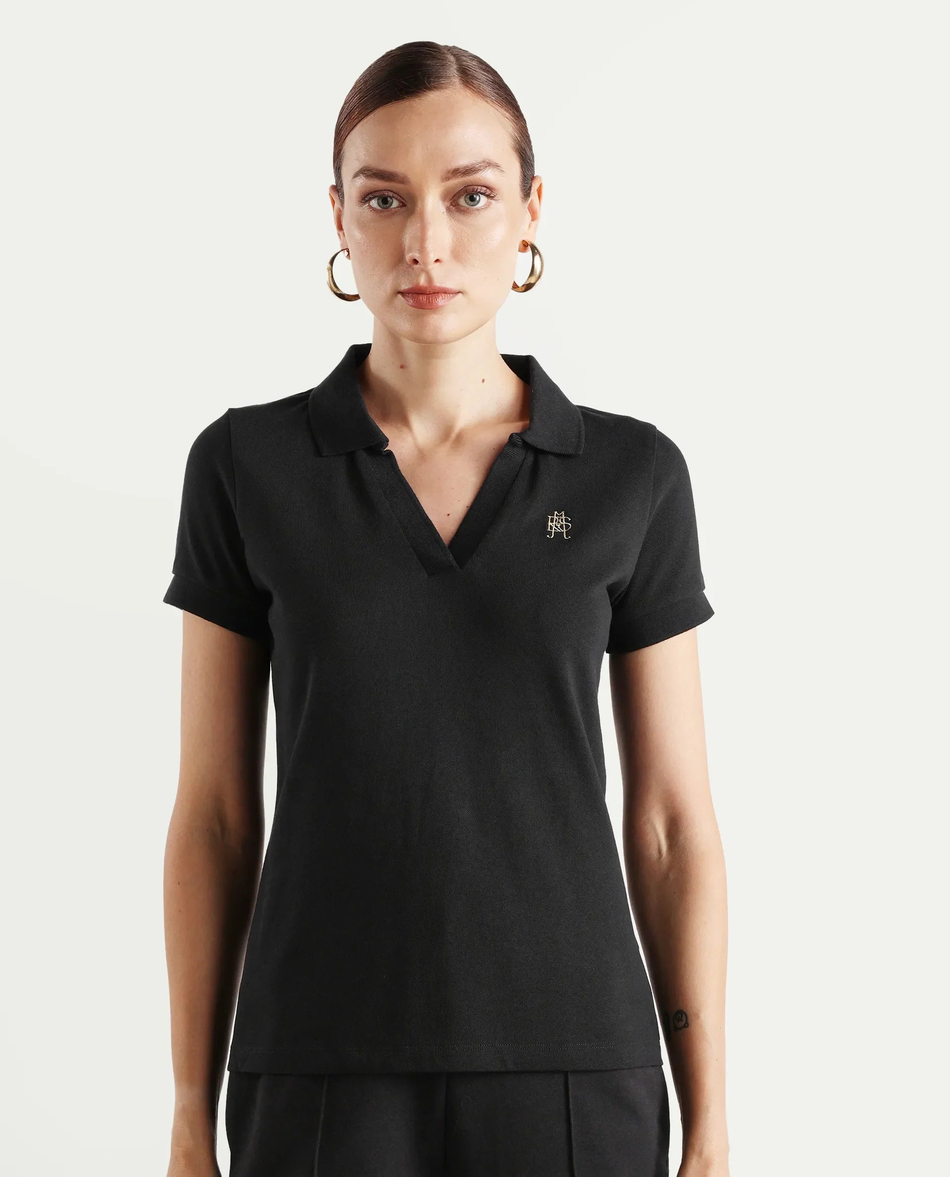 Rareism Women's Van Black Cotton Blend Polo Neck Plain Regular Fit Polo