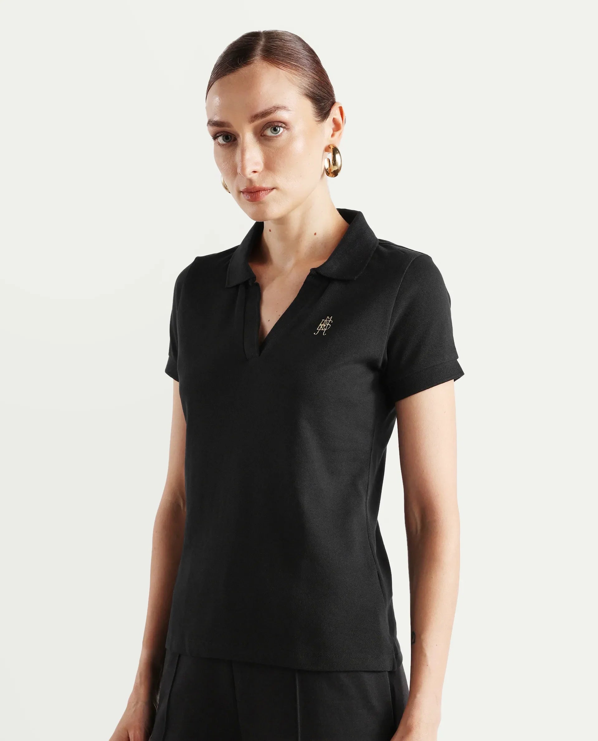 Rareism Women's Van Black Cotton Blend Polo Neck Plain Regular Fit Polo