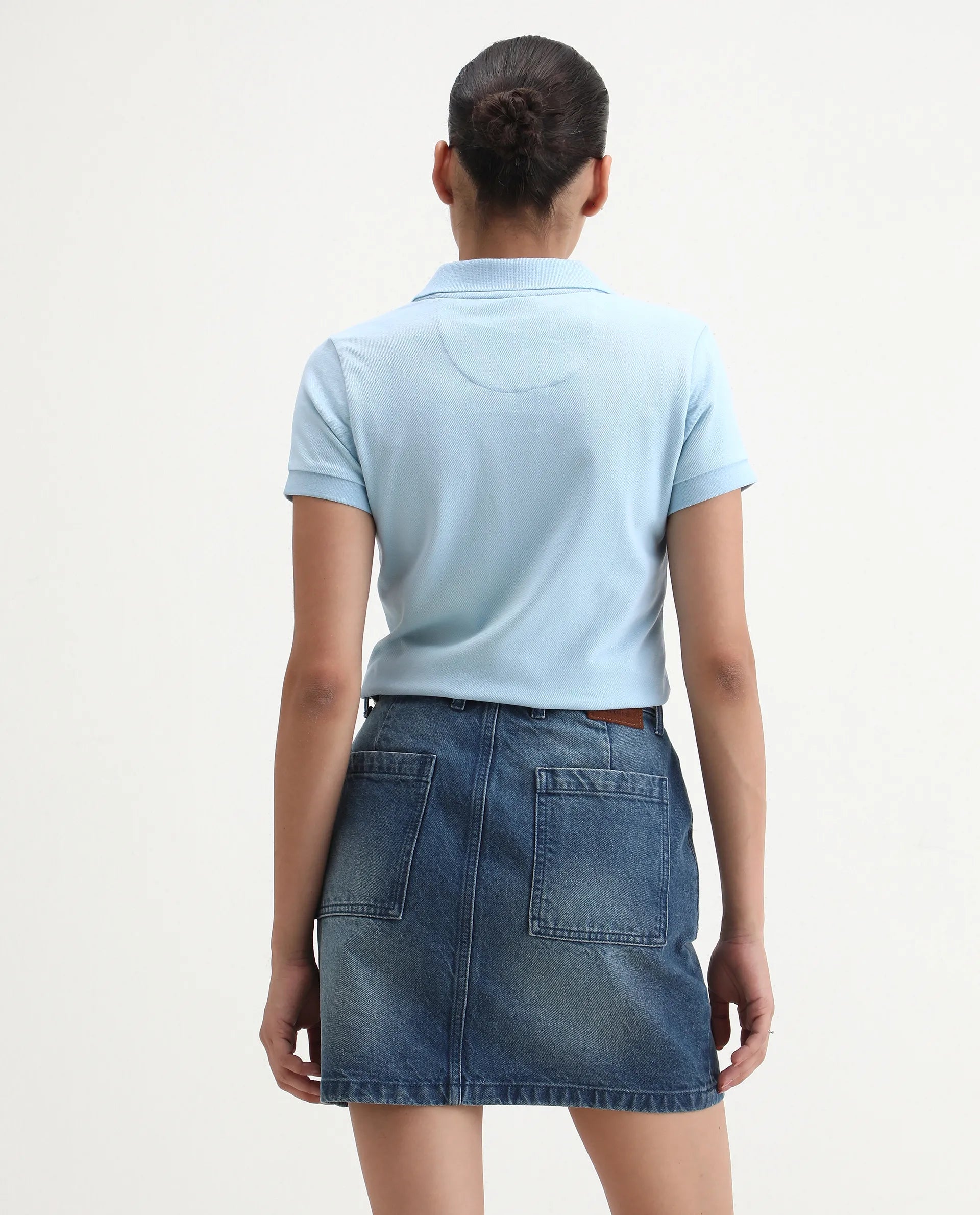 Rareism Women's Van Blue Cotton Blend Polo Neck Plain Regular Fit Polo