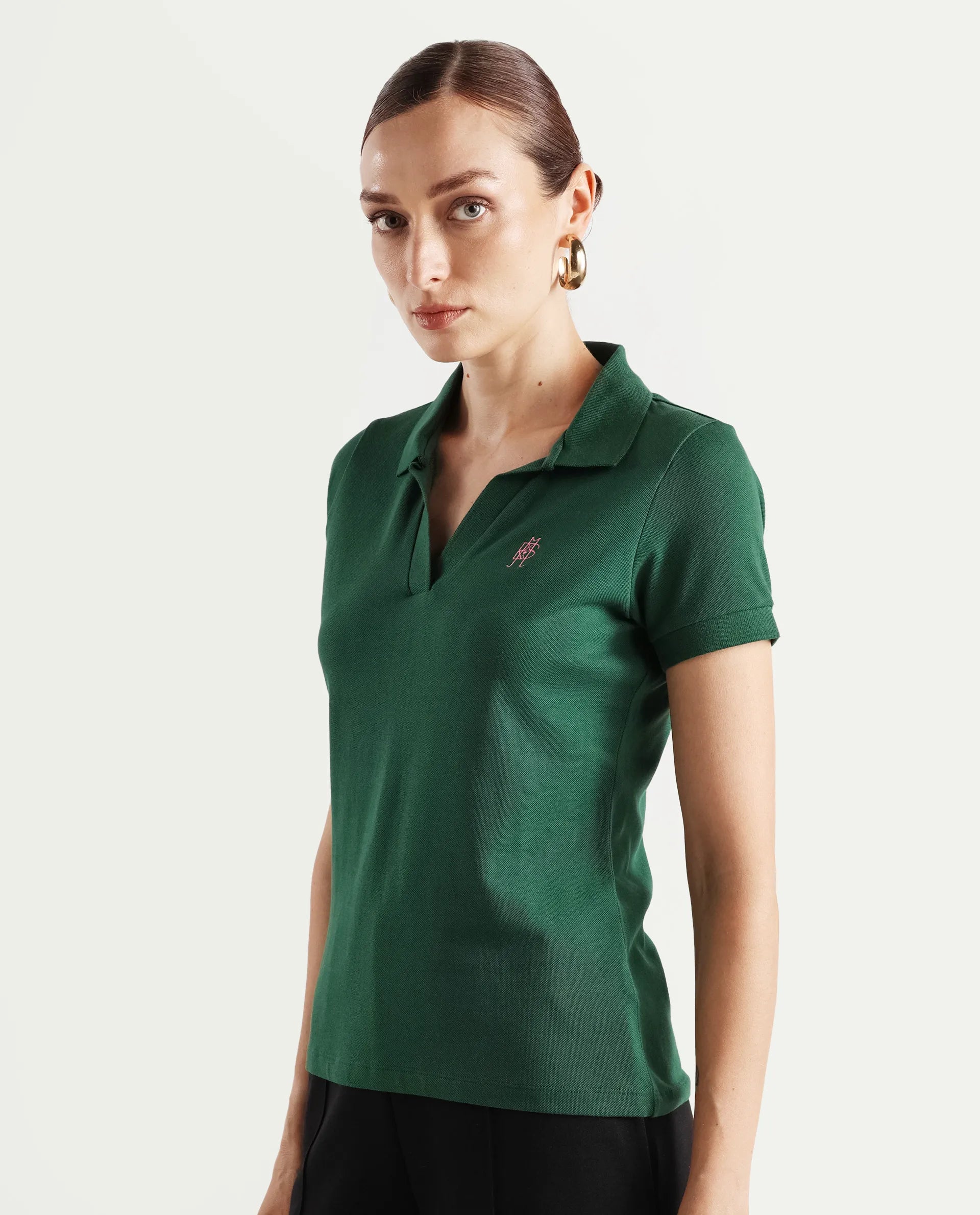 Rareism Women's Van Green Cotton Blend Polo Neck Plain Regular Fit Polo