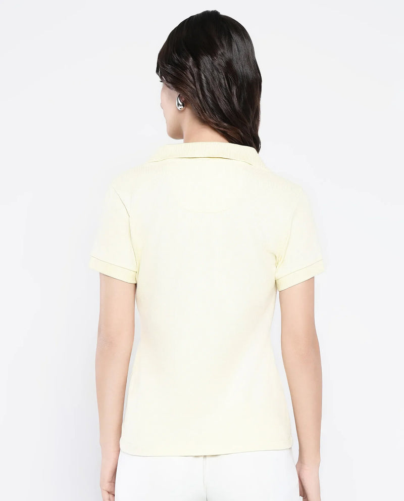 Rareism Women Van Light Yellow Cotton Lycra Fabric Short Sleeve Polo Collar Plain Polo