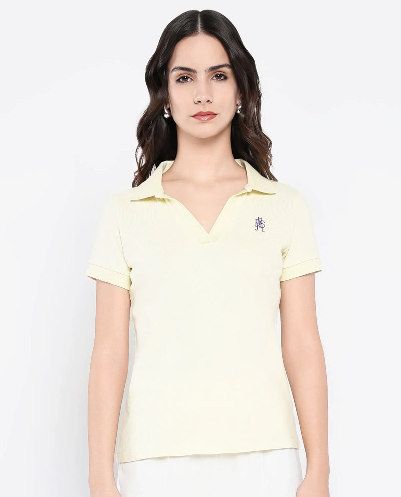 Rareism Women Van Light Yellow Cotton Lycra Fabric Short Sleeve Polo Collar Plain Polo