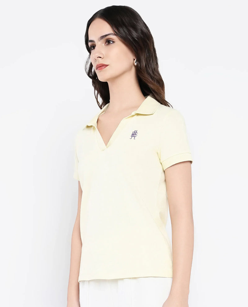 Rareism Women Van Light Yellow Cotton Lycra Fabric Short Sleeve Polo Collar Plain Polo