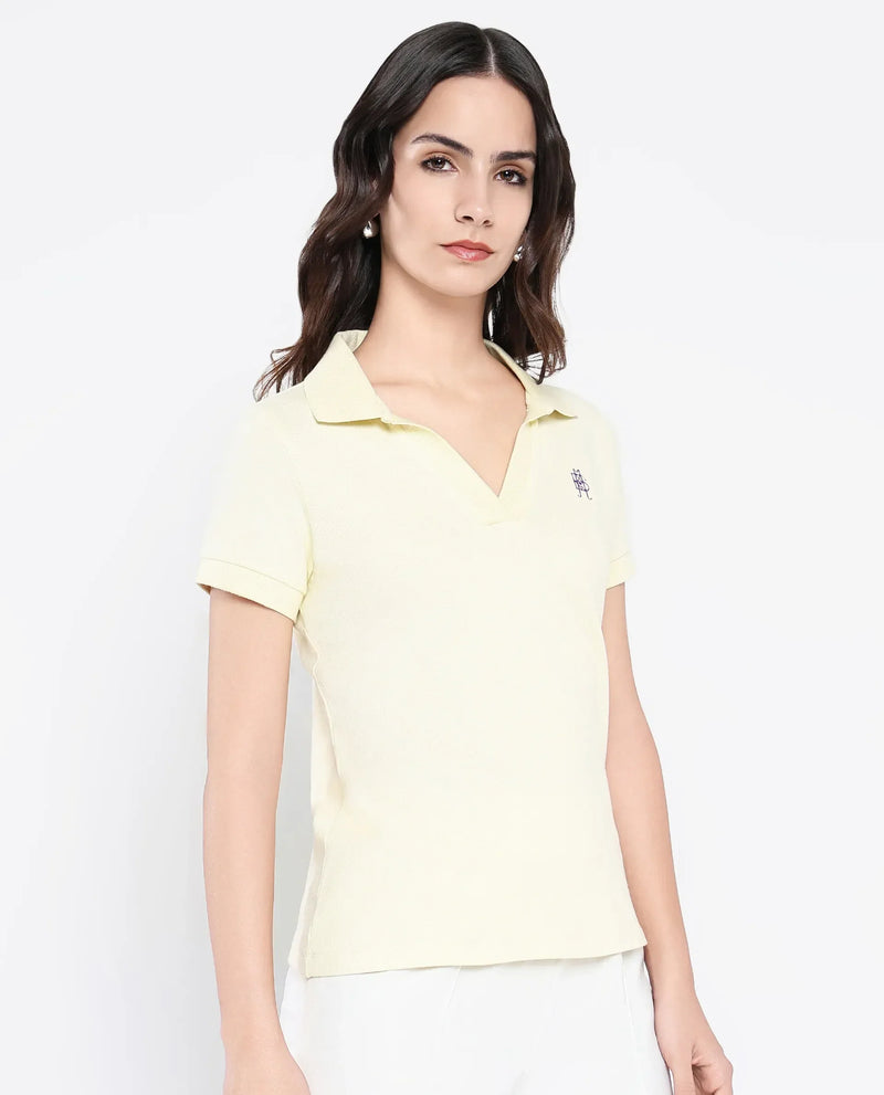 Rareism Women Van Light Yellow Cotton Lycra Fabric Short Sleeve Polo Collar Plain Polo