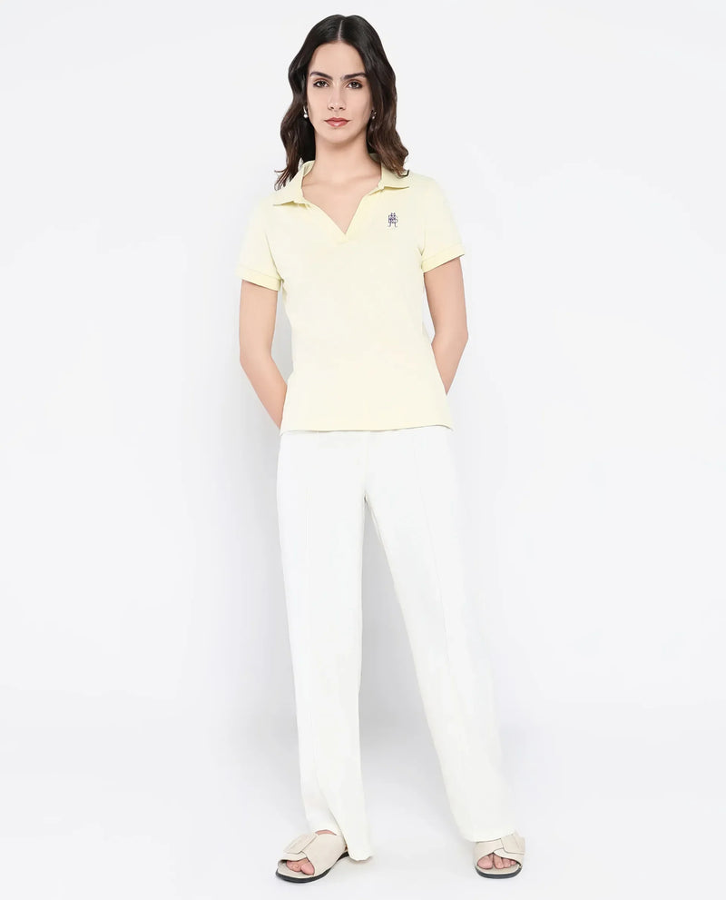 Rareism Women Van Light Yellow Cotton Lycra Fabric Short Sleeve Polo Collar Plain Polo