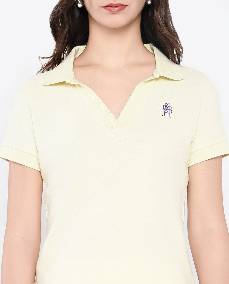 Rareism Women Van Light Yellow Cotton Lycra Fabric Short Sleeve Polo Collar Plain Polo