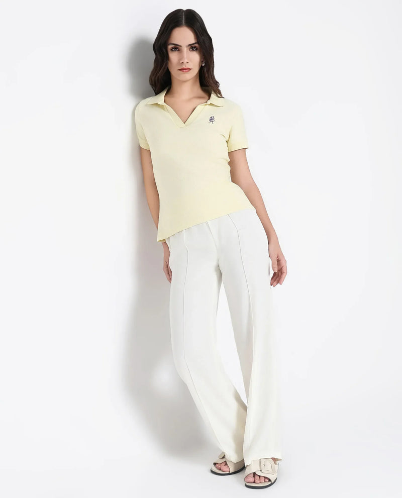 Rareism Women Van Light Yellow Cotton Lycra Fabric Short Sleeve Polo Collar Plain Polo