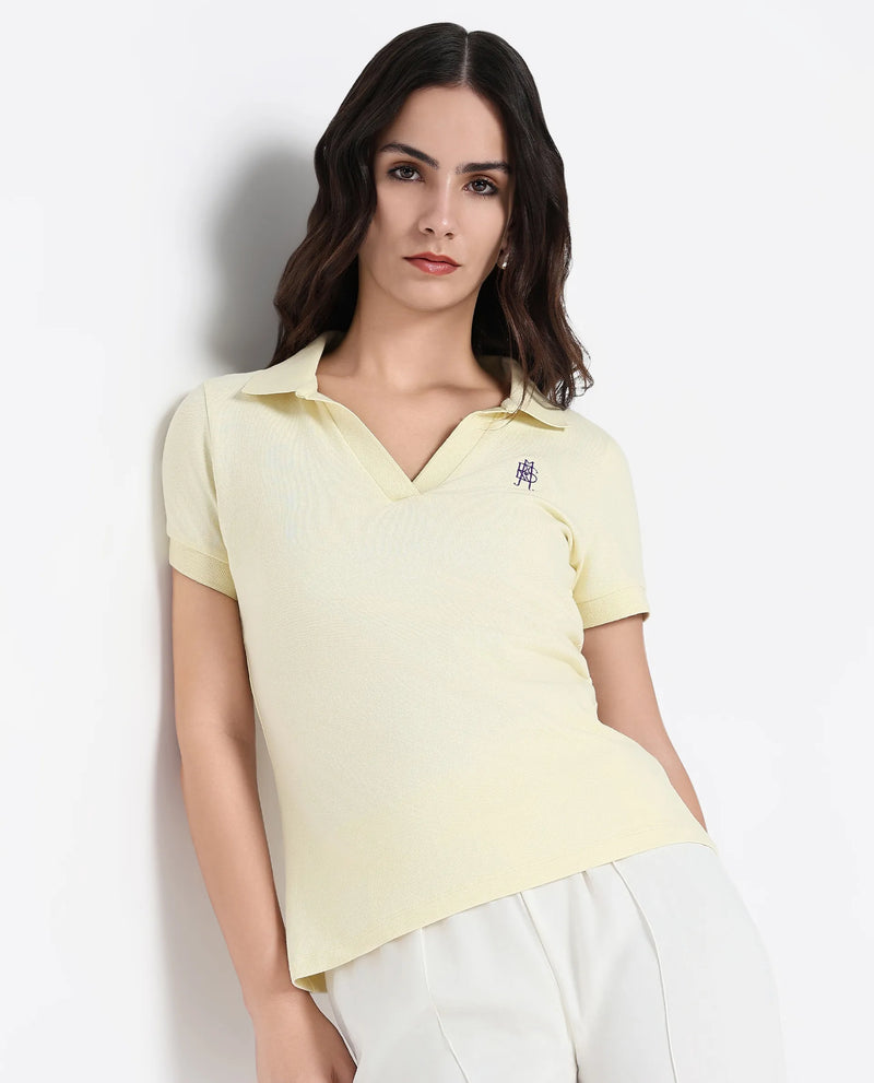 Rareism Women Van Light Yellow Cotton Lycra Fabric Short Sleeve Polo Collar Plain Polo