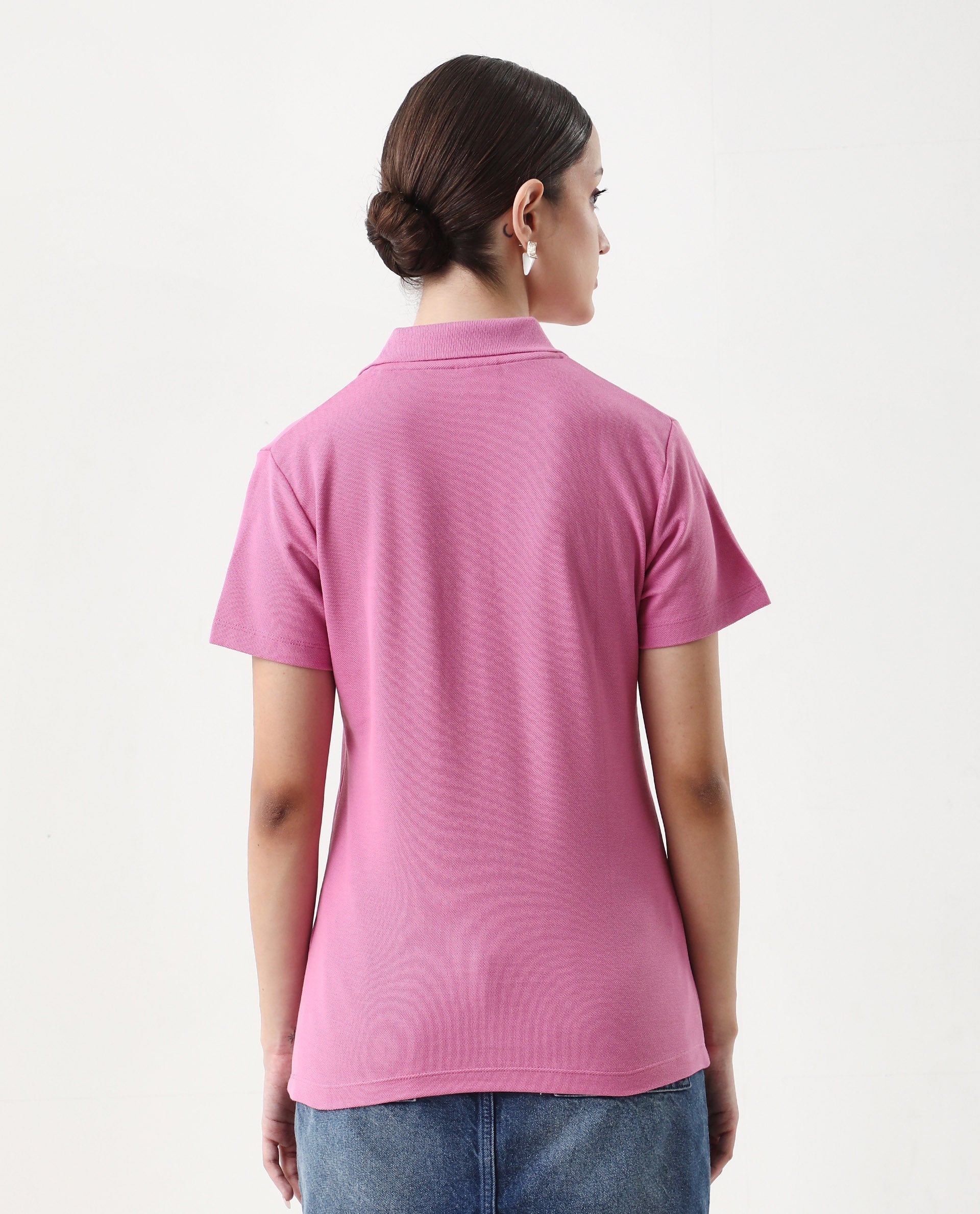 Rareism Women's Vano Pink Cotton Crew Neck Graphic Print Oversized Polo