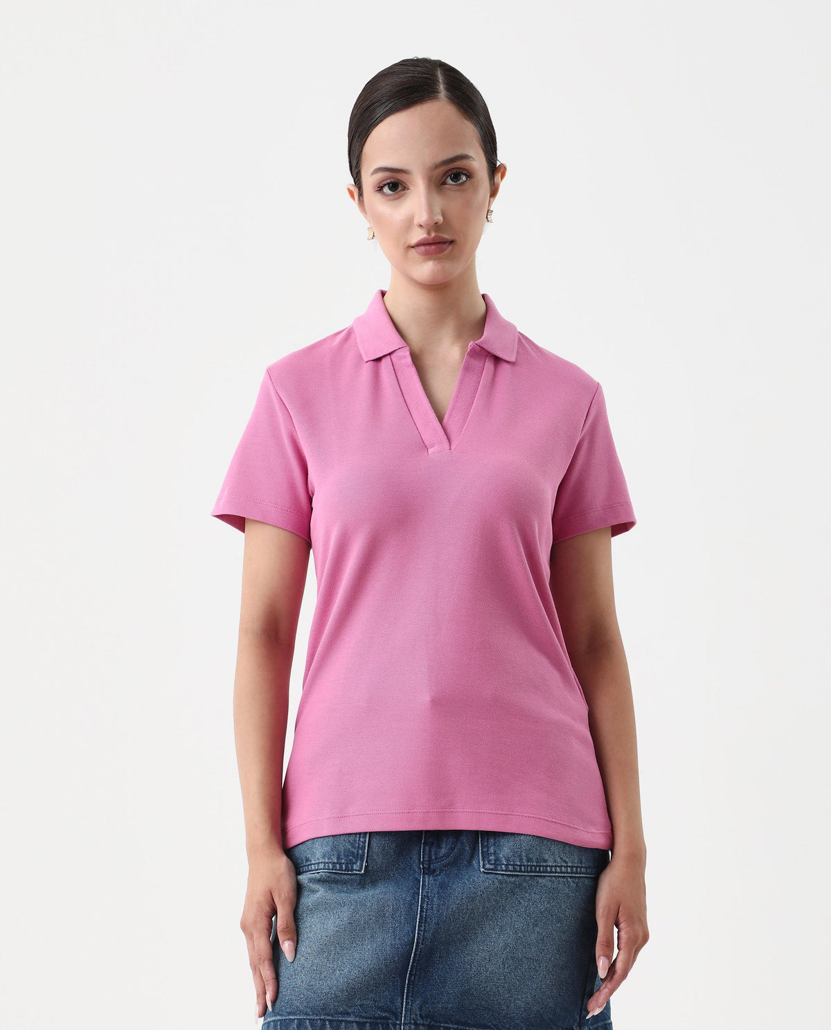 Rareism Women's Vano Pink Cotton Crew Neck Graphic Print Oversized Polo