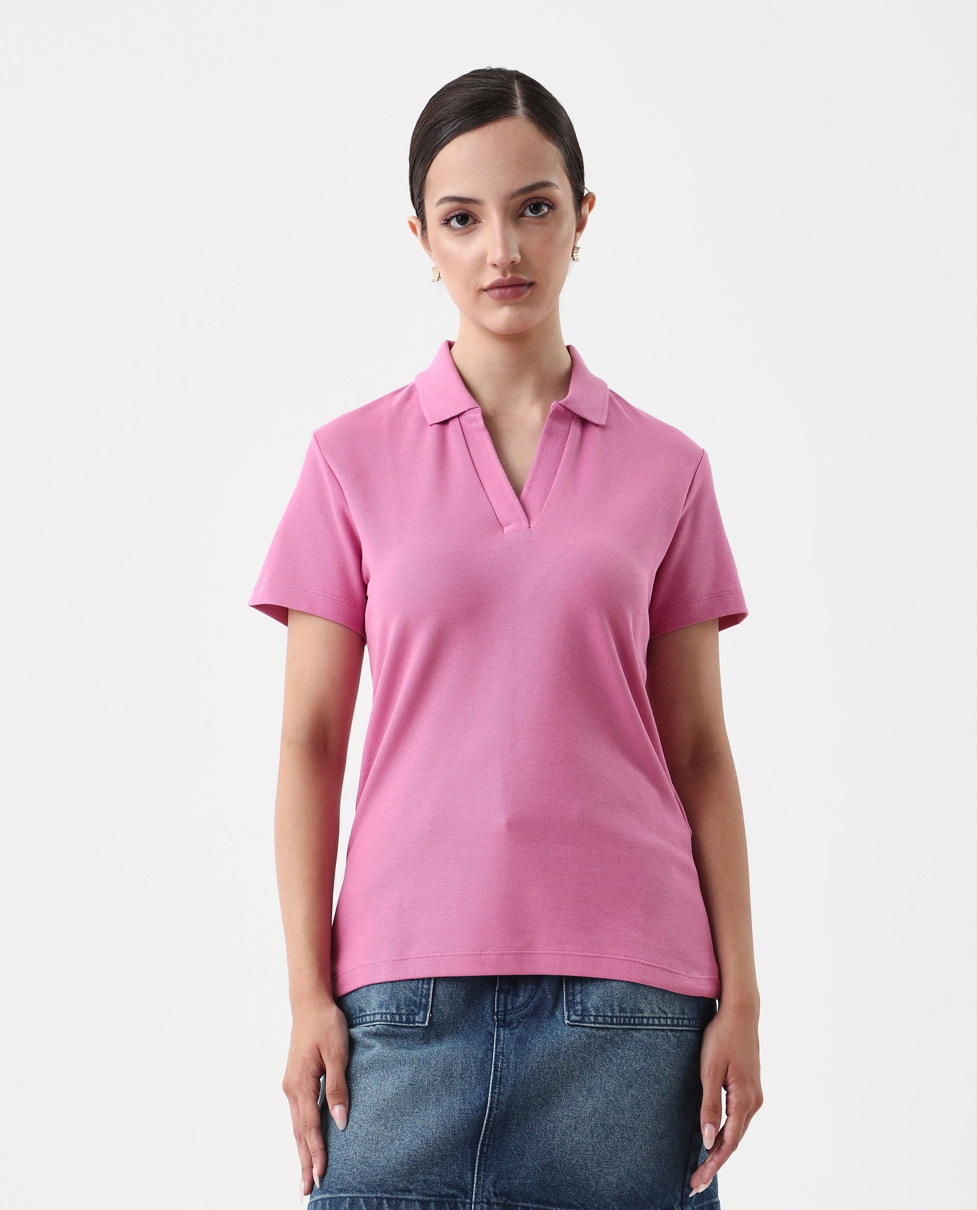 Rareism Women's Vano Pink Cotton Crew Neck Graphic Print Oversized Polo