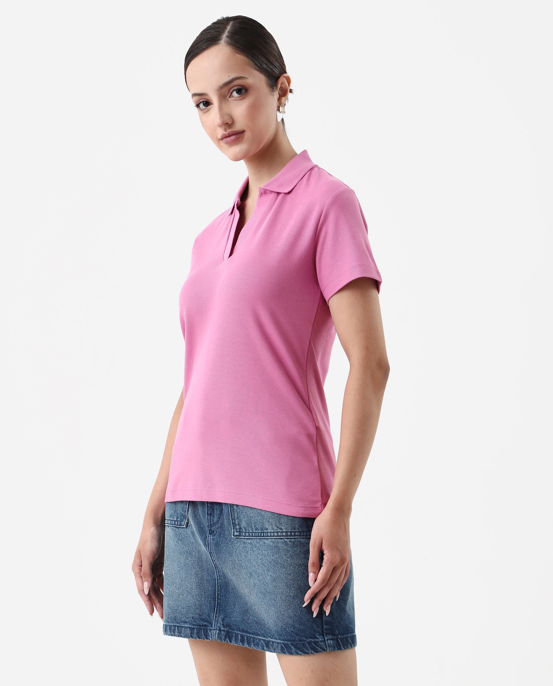 Rareism Women's Vano Pink Cotton Crew Neck Graphic Print Oversized Polo